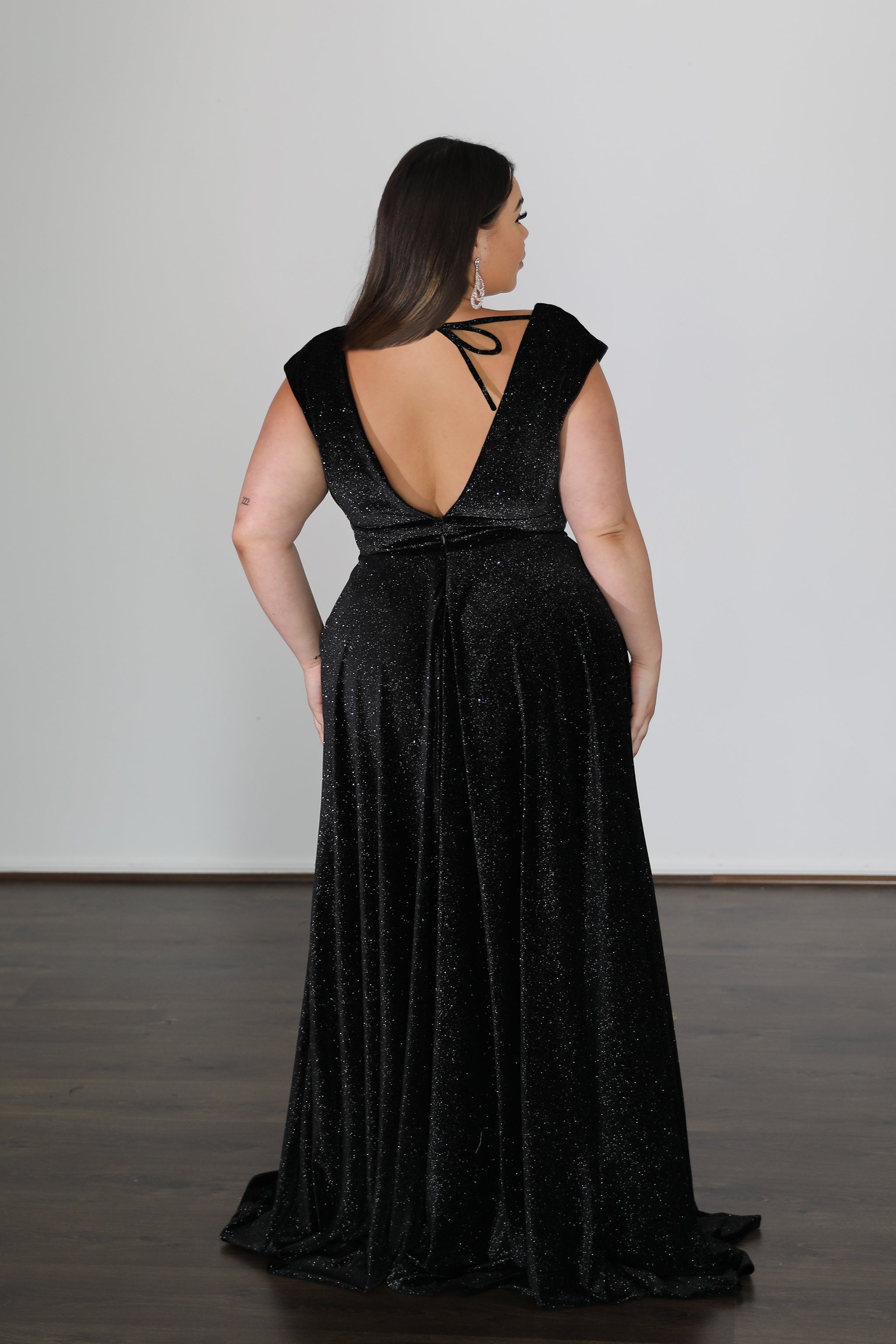 SABRINA glittery low V-back black school formal dress with adjustable ties. Plus Size, Curve Size. Brisbane to Gold Coast.