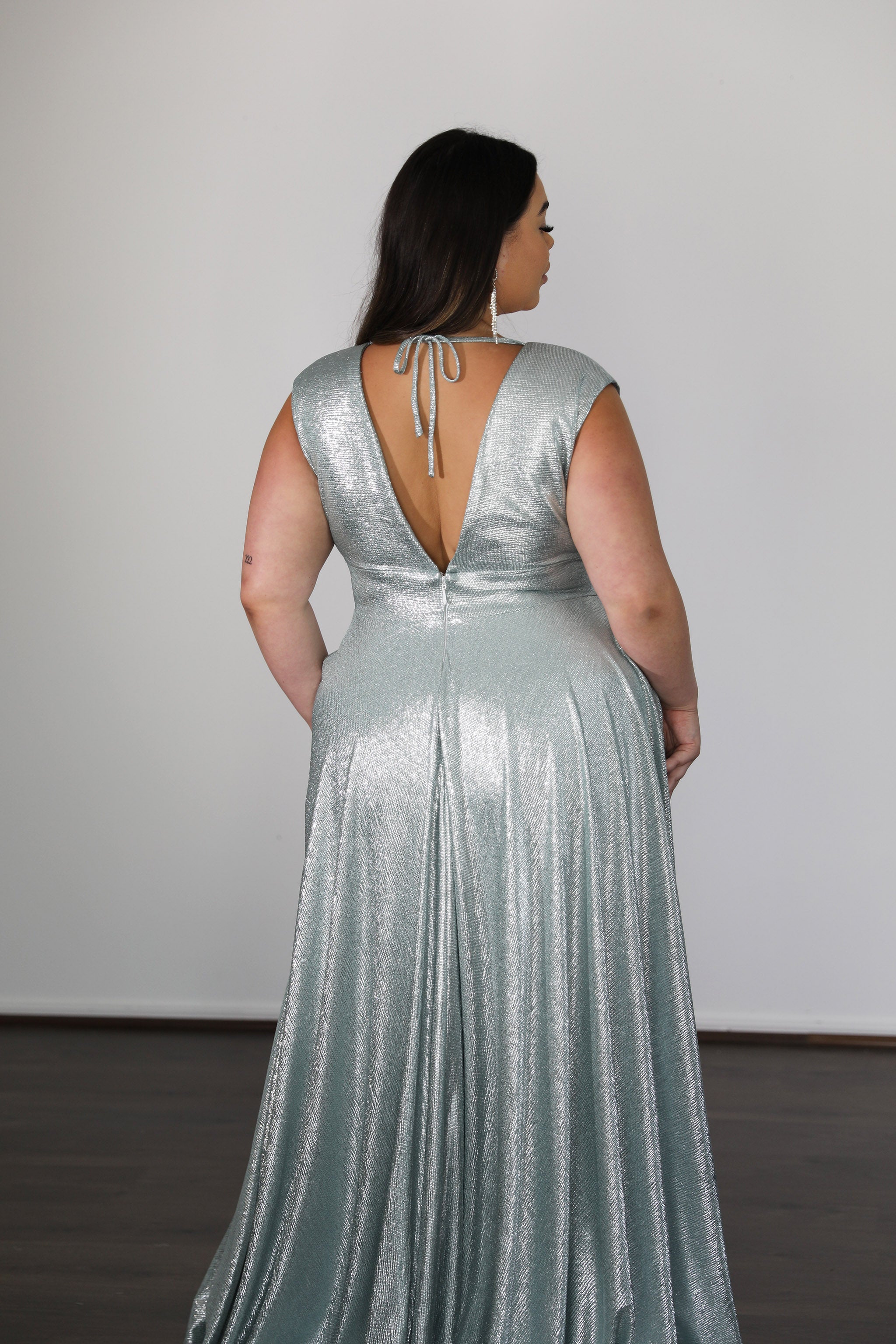 Alt Tag: SABRINA stretch shimmer formal dress with a plunging V-back, designed for plus and curve sizes, Brisbane to Gold Coast.