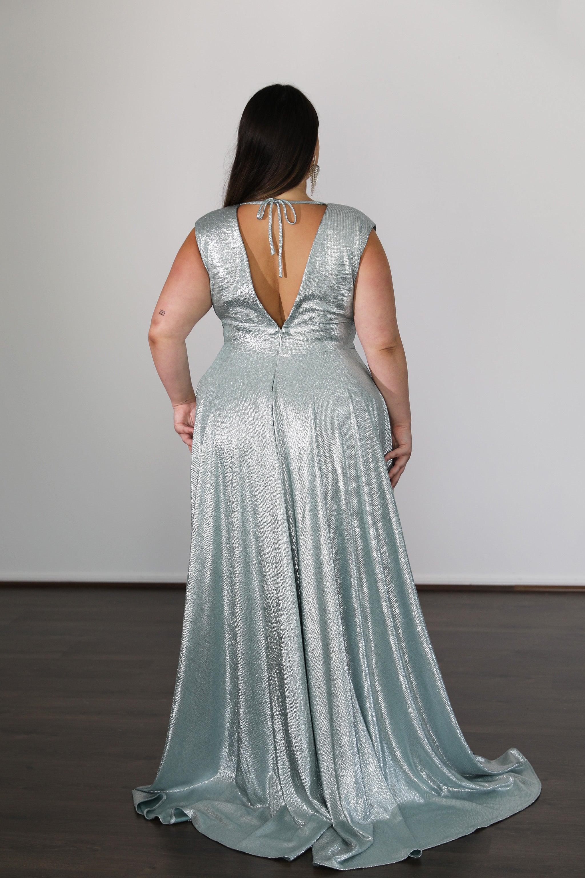 SABRINA stretch shimmer formal dress with plunging back and adjustable tie. Perfect for plus size curves. Brisbane to Gold Coast.