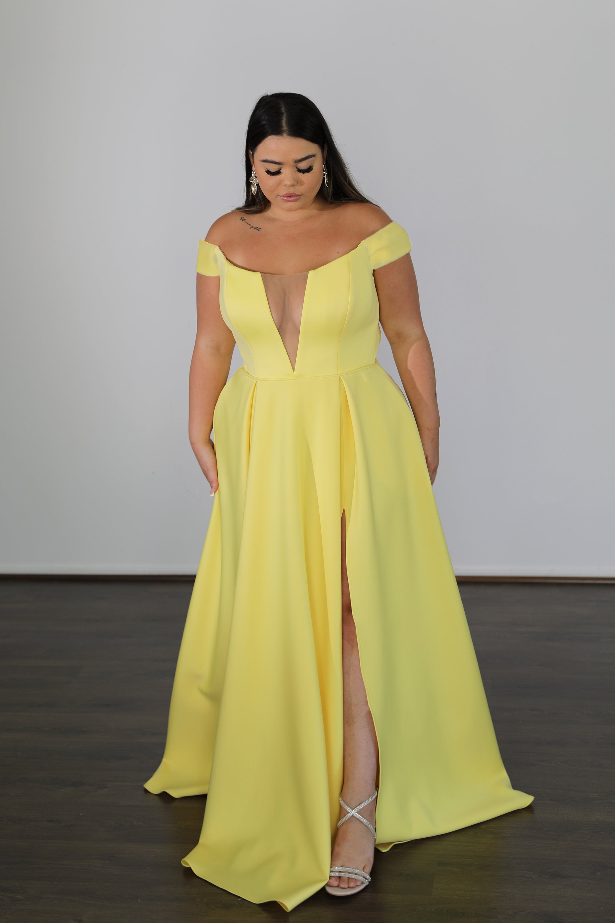 BELLE Plus Size yellow formal dress with illusion V-neck and off-shoulder style, perfect for curve size from Brisbane to Gold Coast.