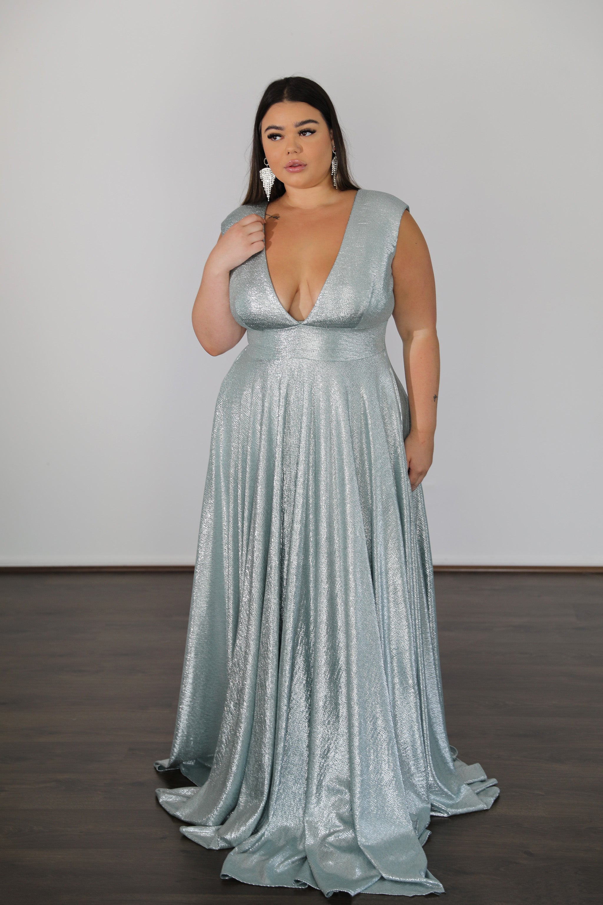SABRINA stretch shimmer formal dress with plunging V-neckline and wide shoulder straps, designed for plus and curve sizes. Brisbane to Gold Coast.