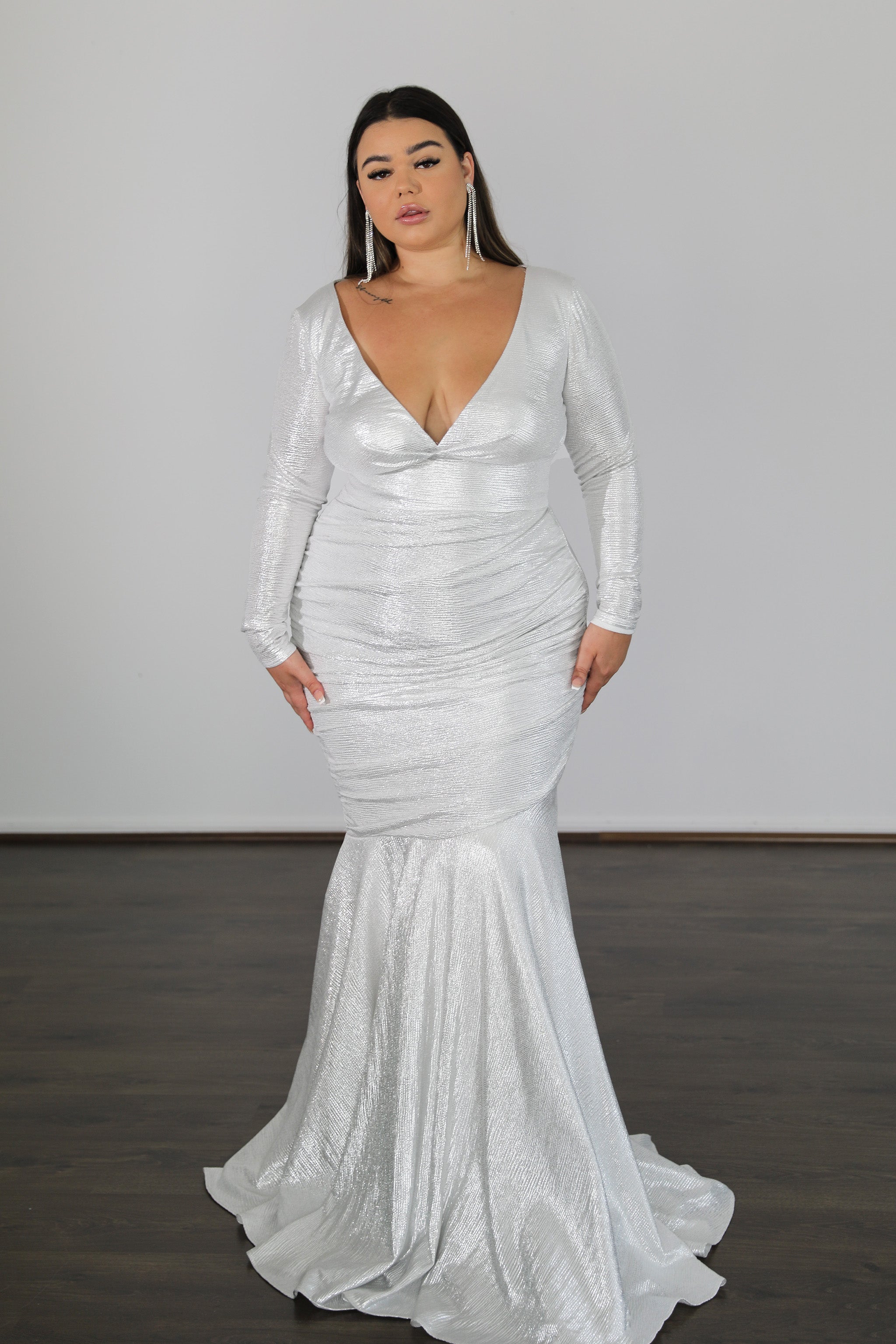 Alt Tag: ASHLEY Plus Size curve dress with shimmery fabric, wide low V neckline, and ruched skirt. Evening gown from Brisbane to Gold Coast.