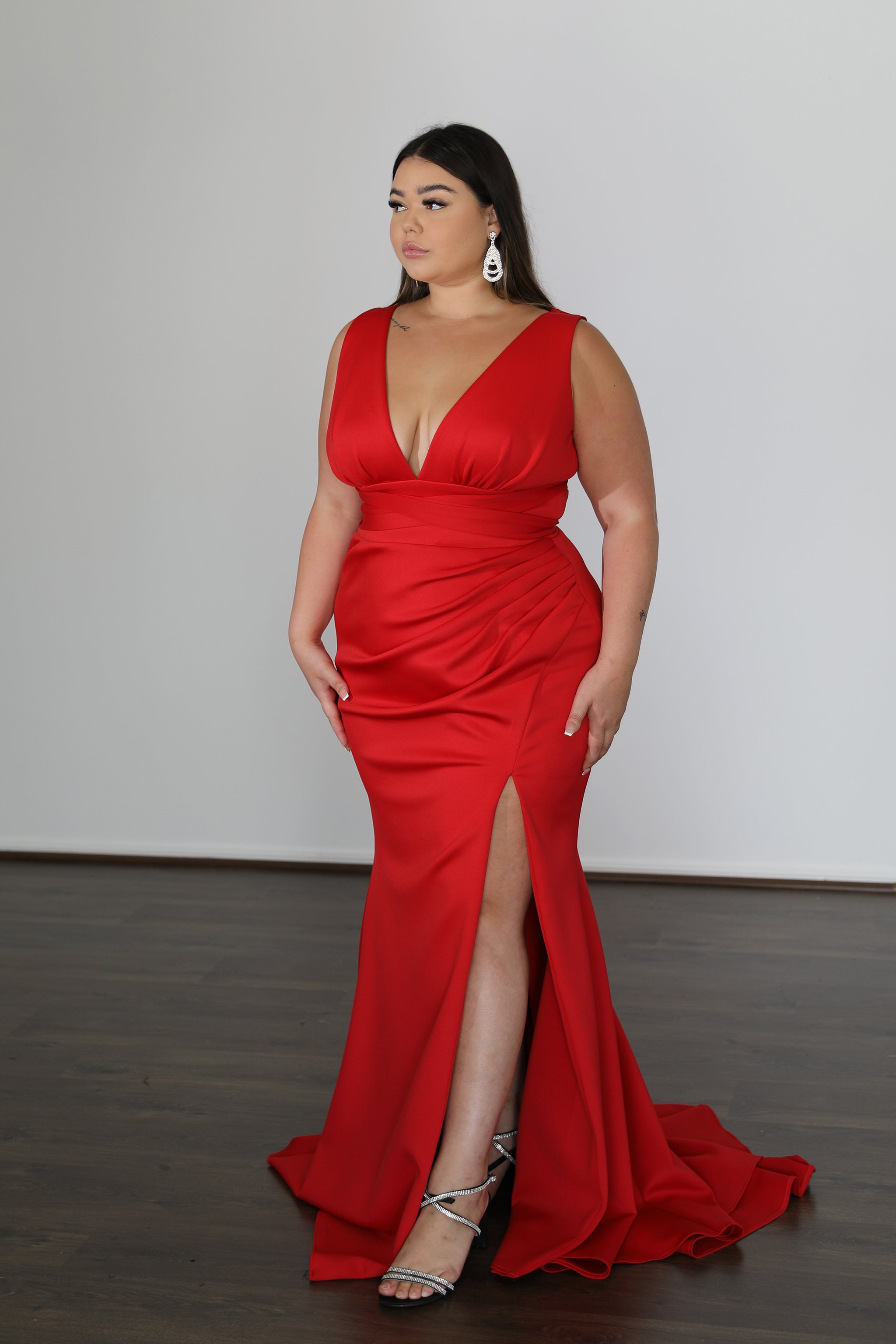 Alt Tag: GEMMA Plus Size Scuba Dress with V-neckline and Draped Skirt, Curve Size Evening Gown. Brisbane to Gold Coast, Australia.
