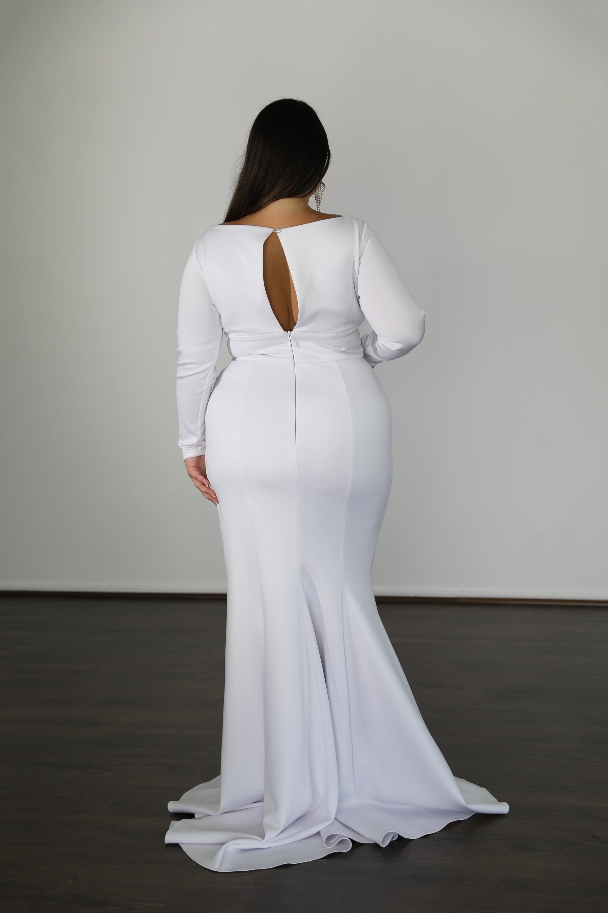 Alt Tag: Once Labeled CHELSEA plus size formal dress with long sleeves and illusion neckline. Perfect for special occasions. Brisbane to Gold Coast, Australia.