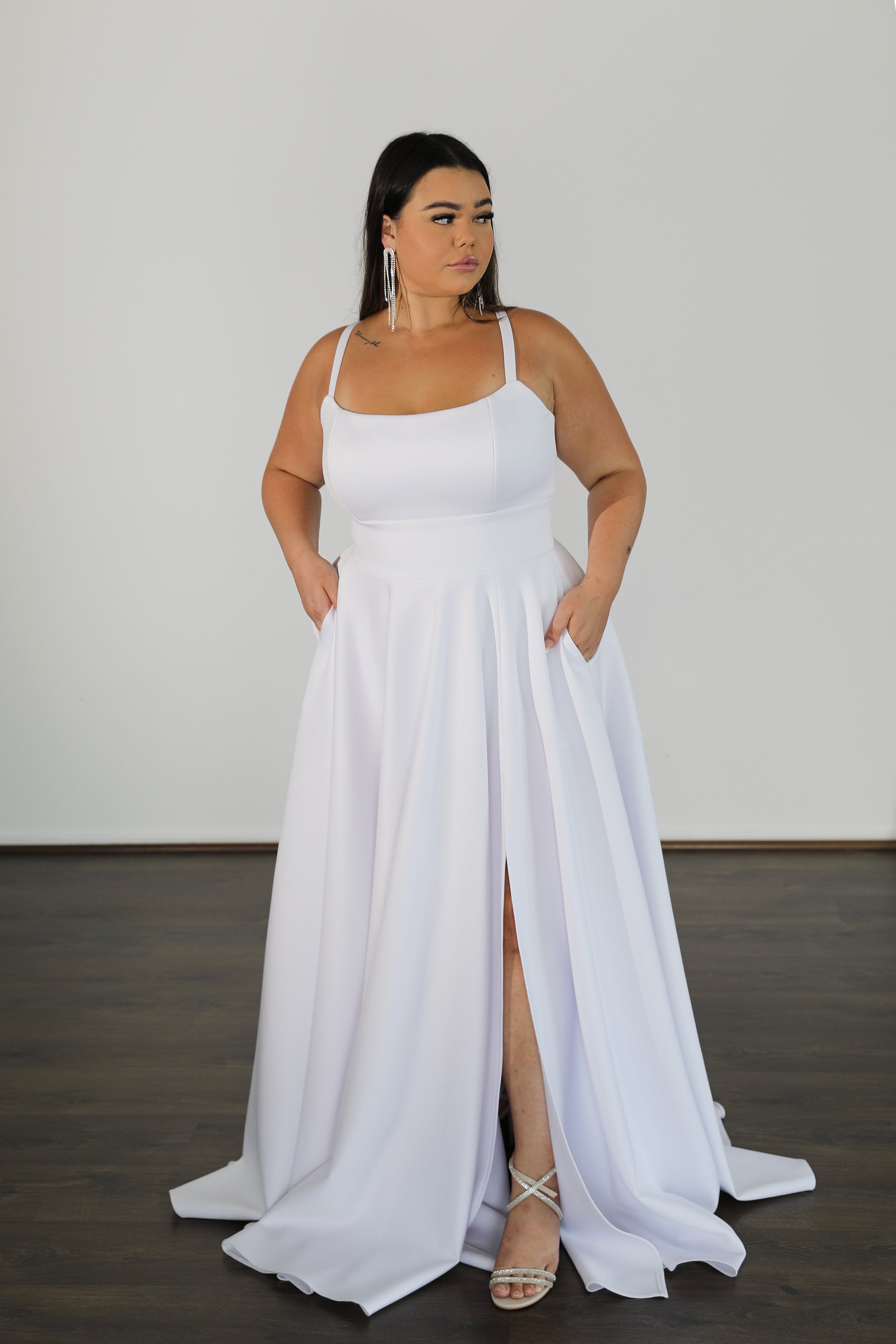 KAT Scuba Curve & Plus Size formal dress with adjustable lace-up back and thigh-high slit, perfect for events from Brisbane to Gold Coast.