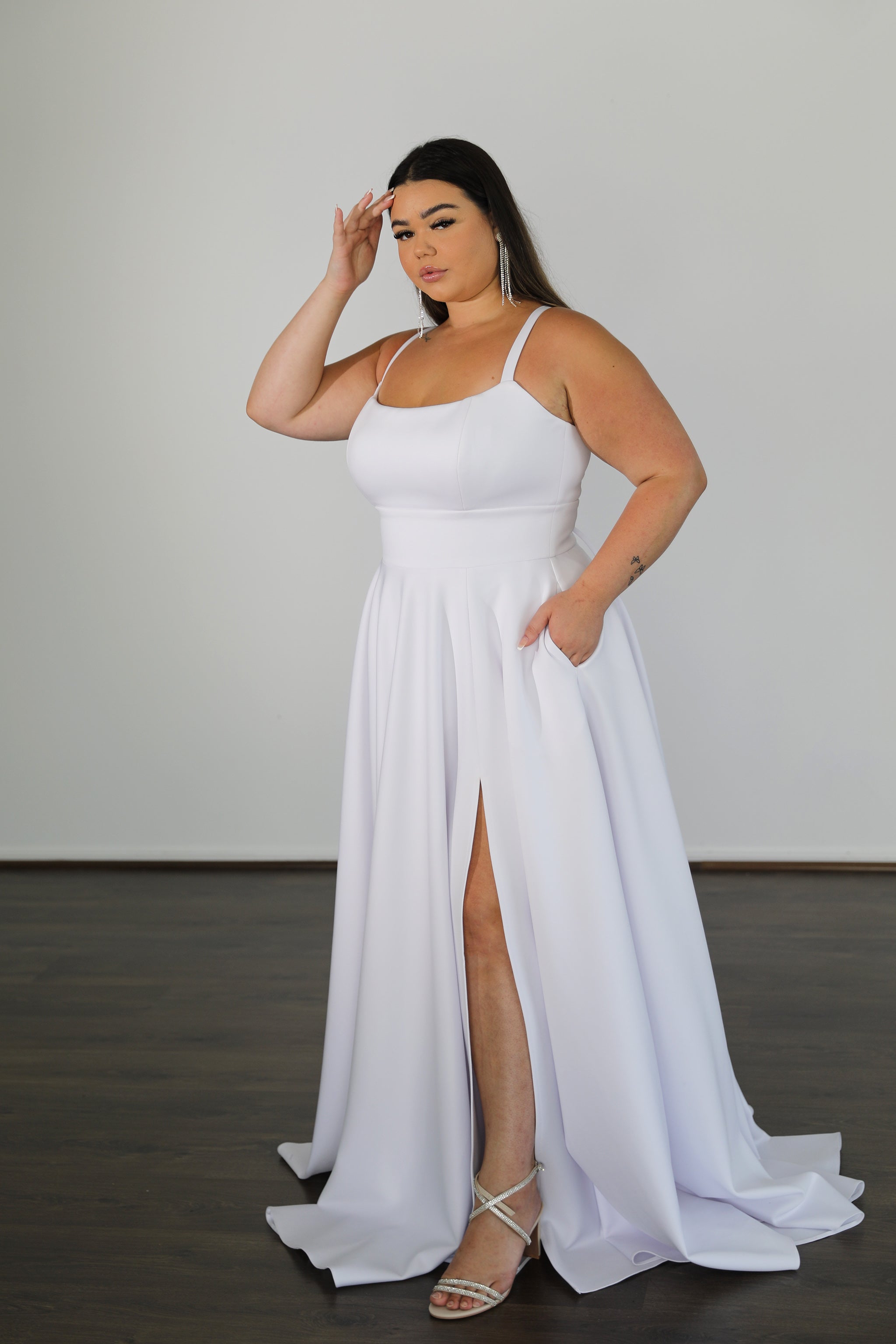 KAT Curve & Plus Size Formal Dress with lace-up back and thigh-high slit, ideal for every occasion. Available from Brisbane to Gold Coast.