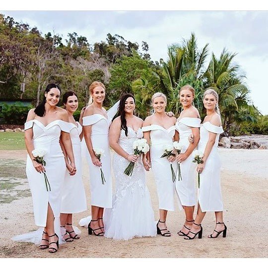 Tina Holly Couture Connelly R1767 Navy Blue Off Shoulder Bridesmaids Midi Dress in Australia | One Honey Boutique