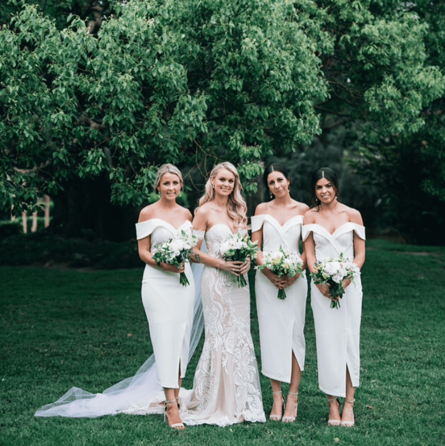 Tina Holly Couture Connelly R1767 White Off Shoulder Bridesmaids Midi Dress in Australia | One Honey Boutique