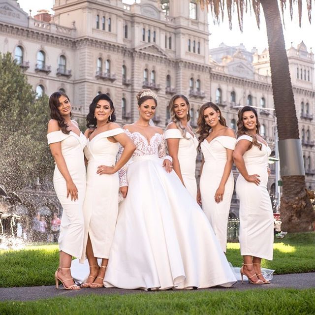 Tina Holly Couture Connelly R1767 White Off Shoulder Bridesmaids Midi Dress {vendor} AfterPay Humm ZipPay LayBuy Sezzle