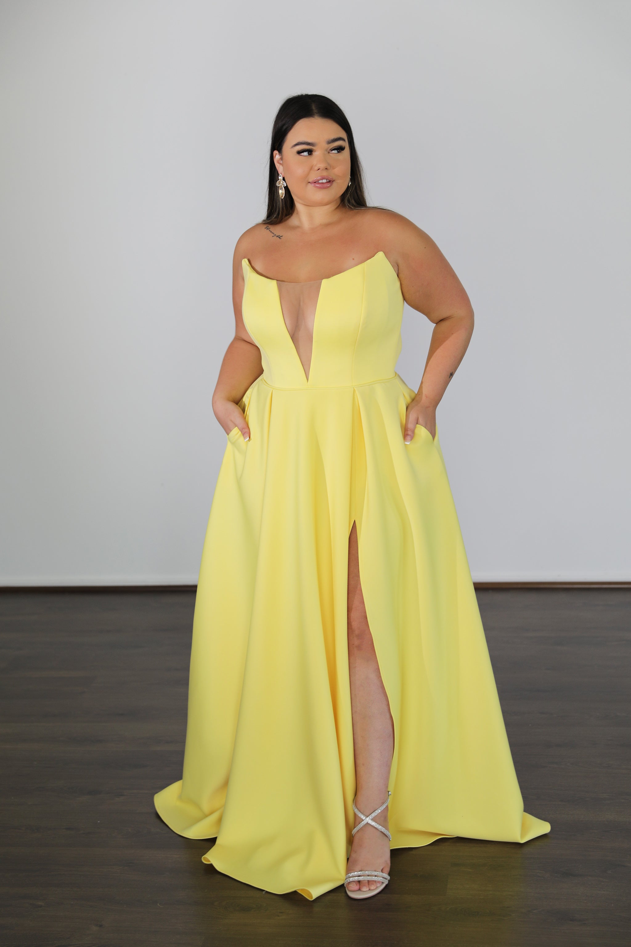 BELLE plus size formal dress with V-neck and full skirt, curve size elegance, perfect for special occasions. Brisbane to Gold Coast.