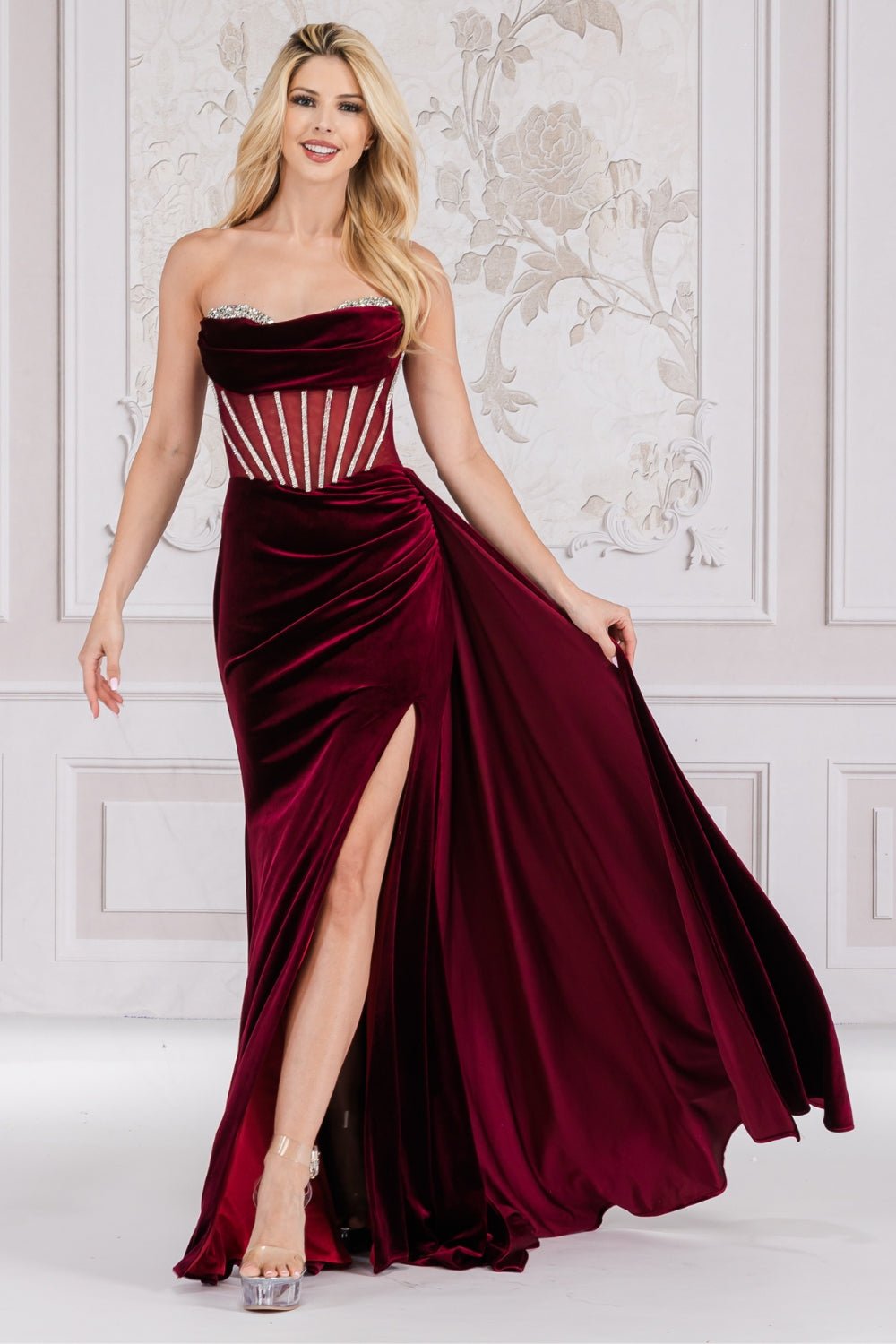 green emerald velvet dress One-Shoulder Long Velvet Formal Dress 6118 Red / 2 main image 0