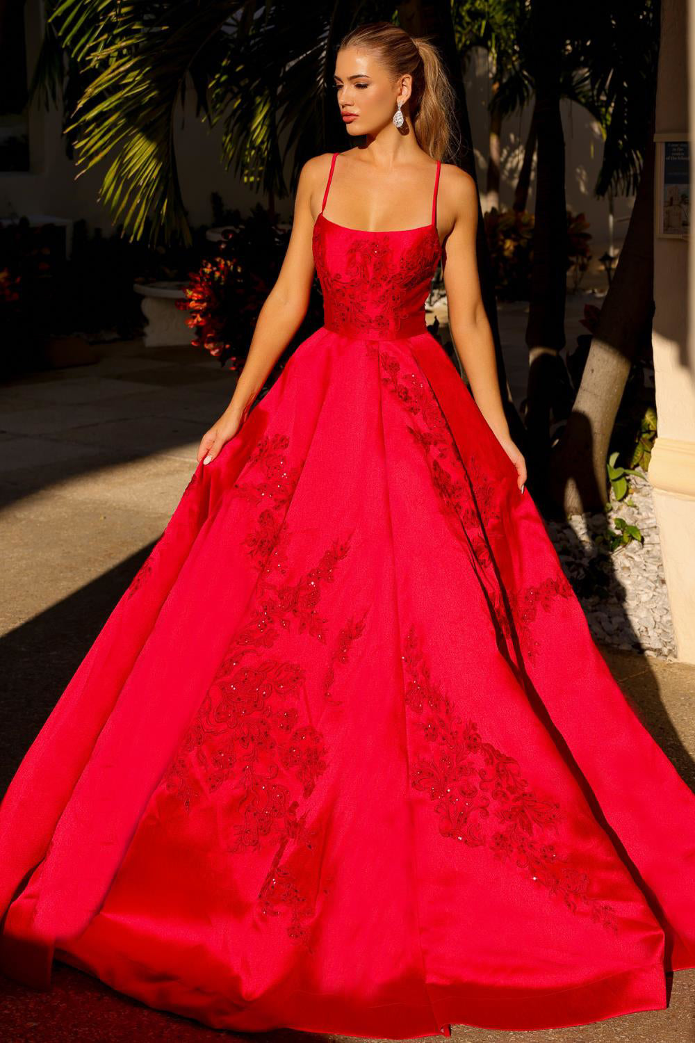 SUZI Satin Corset Back Lace Applique A Line Prom & Formal Dress