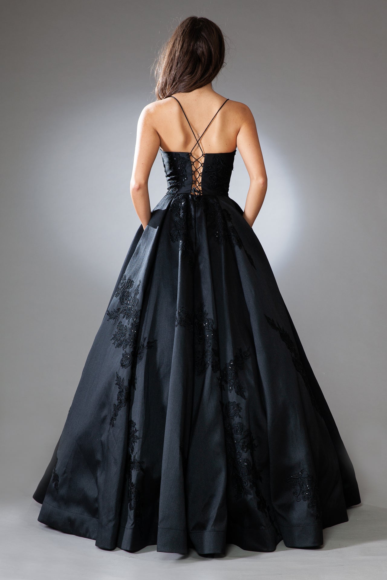SUZI Satin Corset Back Lace Applique A Line Prom & Formal Dress