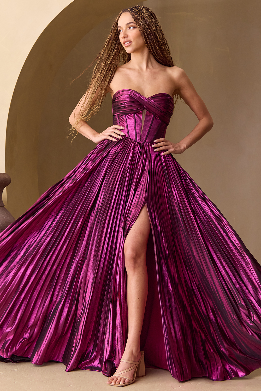AMIHAN Strapless Metallic Lame A Line Prom & Formal Dress