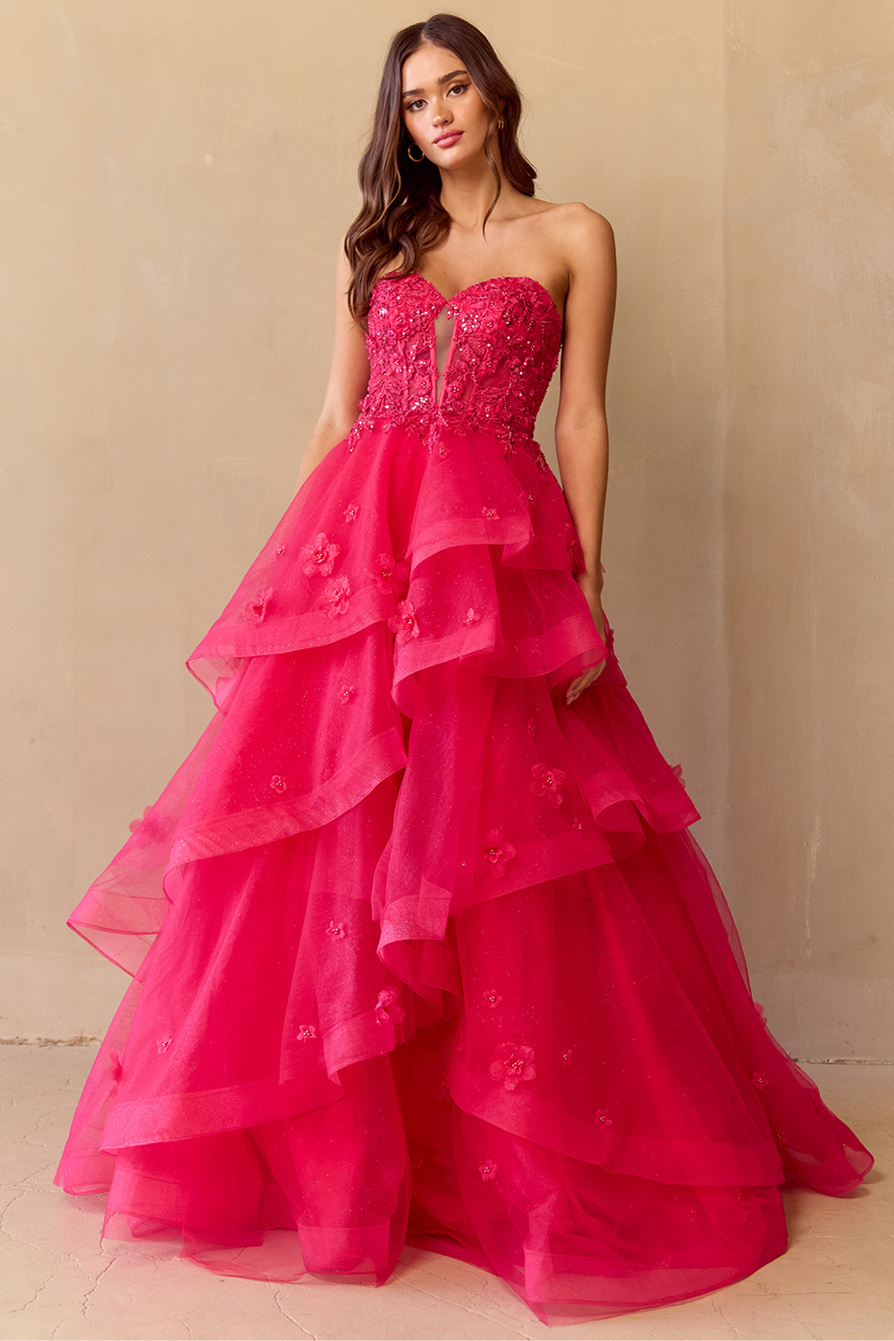 NGIAO Strapless Beaded Applique Tulle Layered Prom & Formal Dress