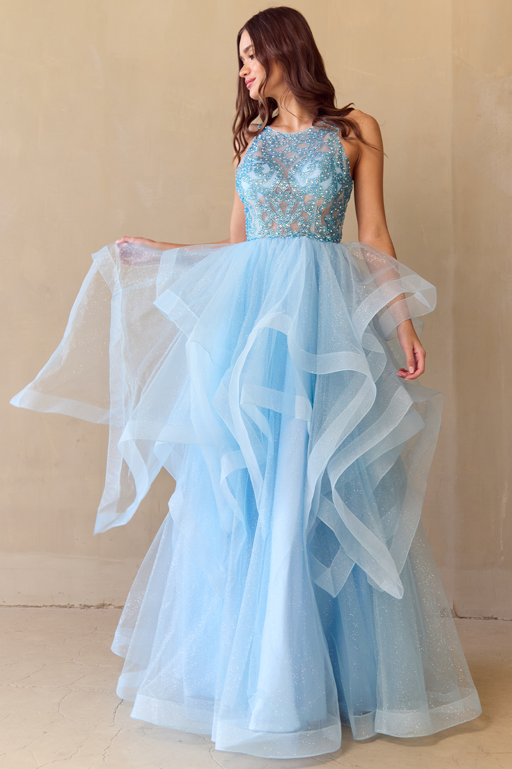 YAWAN Sequin Bodice Tulle Layered A Line Prom & Formal Dress