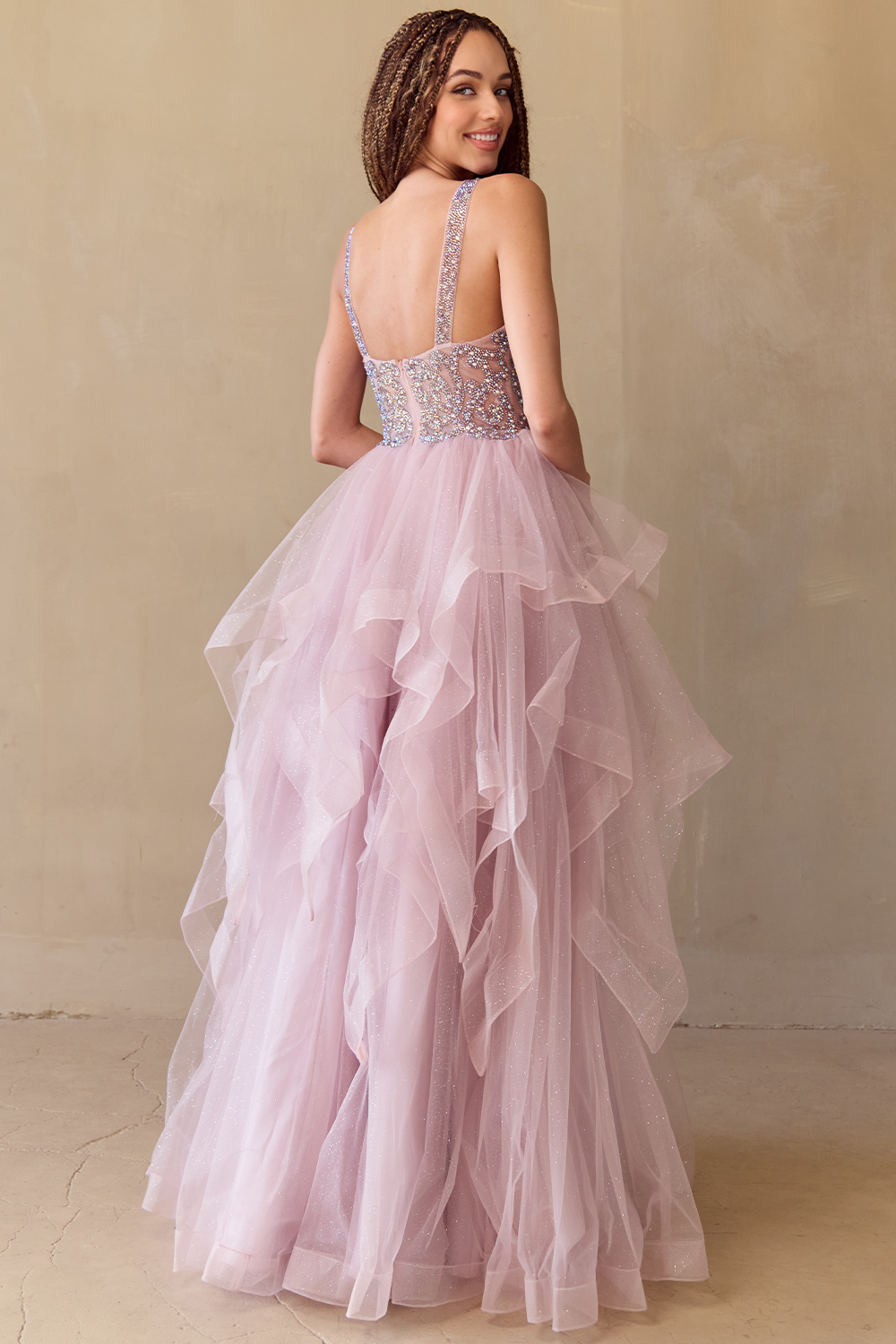 YAWAN Sequin Bodice Tulle Layered A Line Prom & Formal Dress