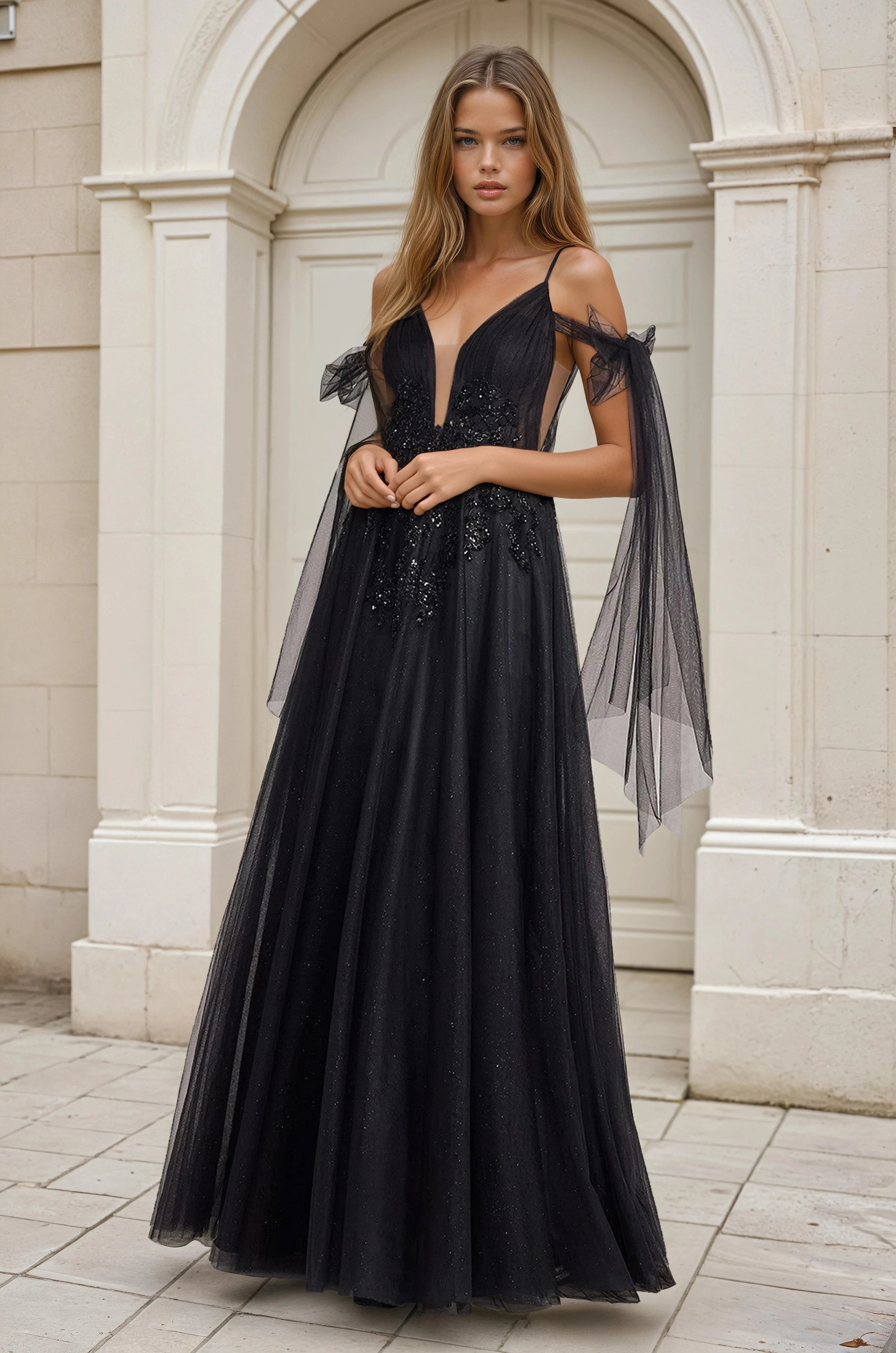 LUNESSA Glitter Tulle Beaded Appliqué V-Neck A-Line Gown