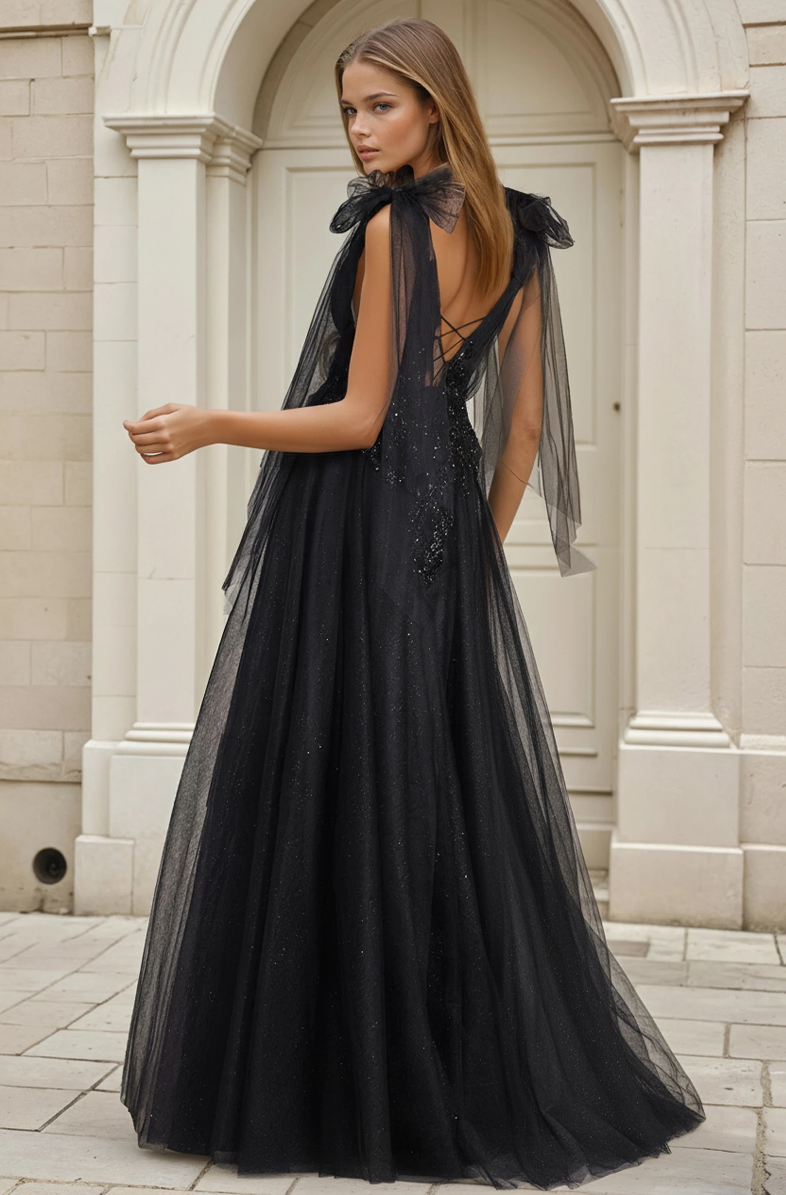 LUNESSA Glitter Tulle Beaded Appliqué V-Neck A-Line Gown