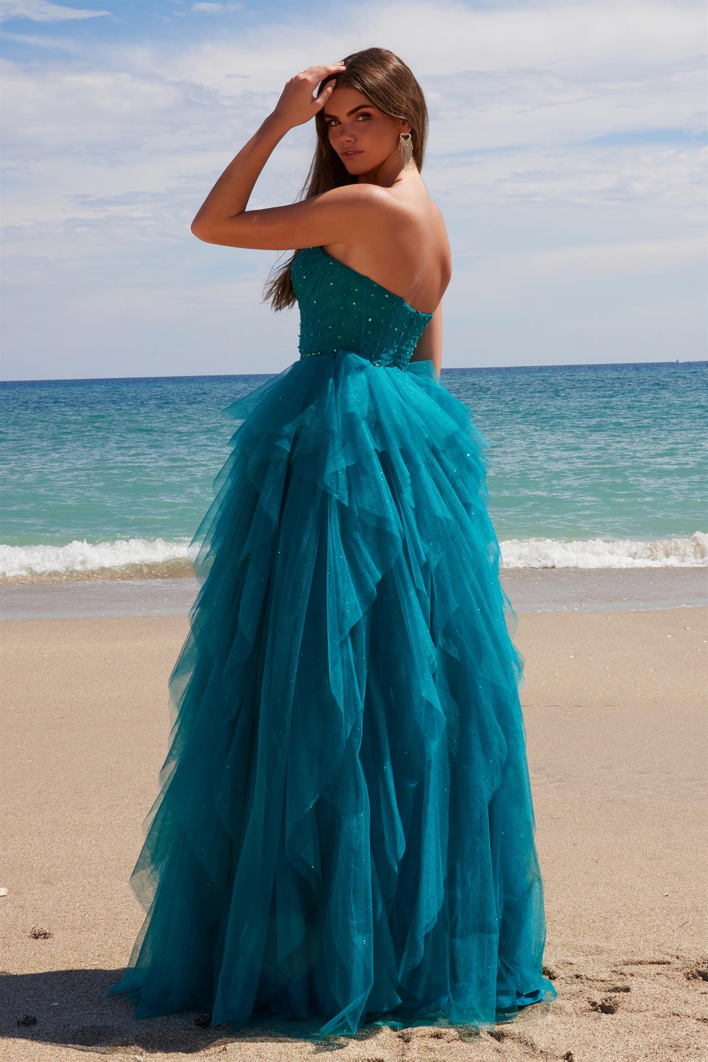 JEENE Strapless Glitter Tulle A Line prom dress with beaded bodice and ruffled skirt on beach. Brisbane to Gold Coast, Australia.