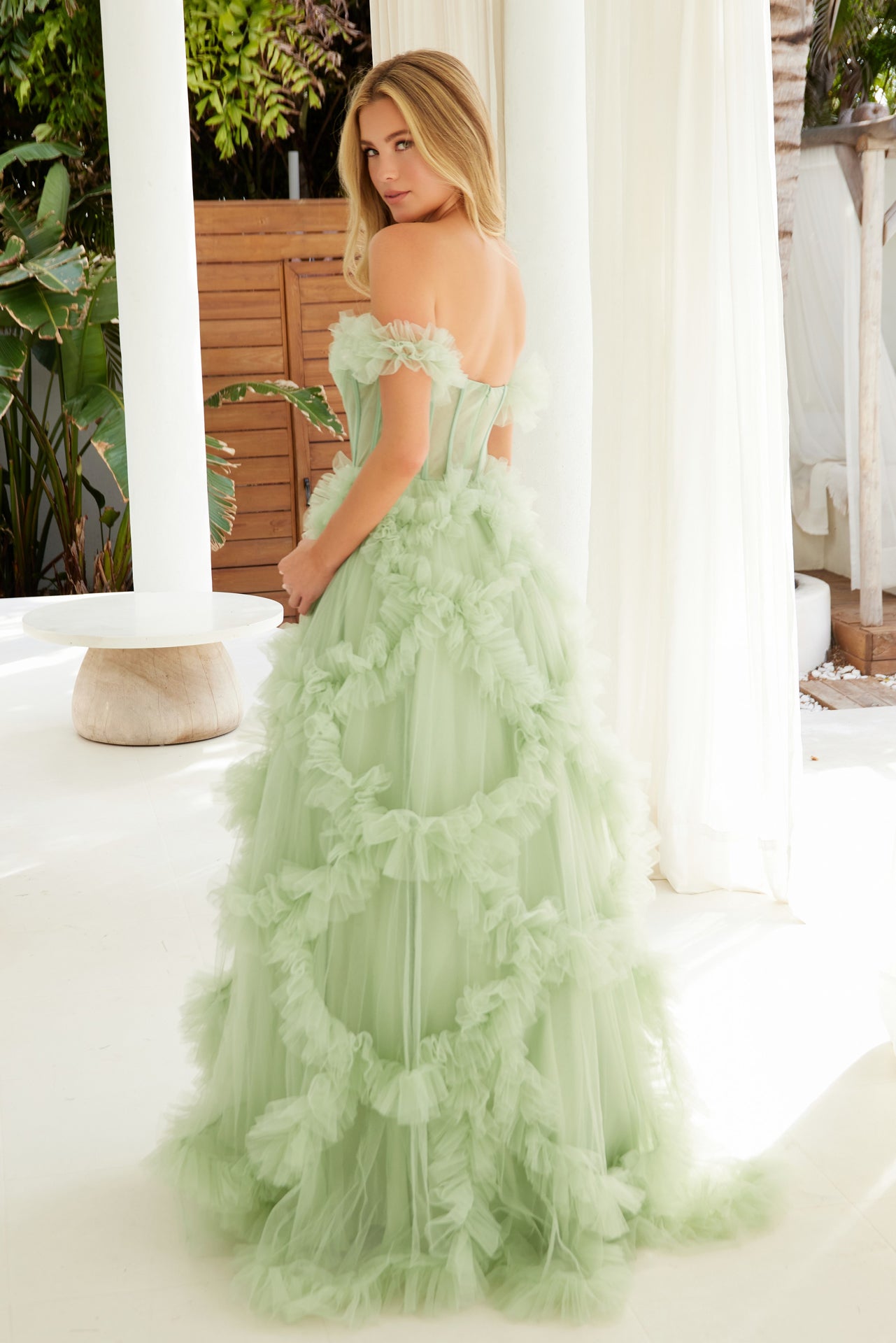DORIT Off Shoulder Sheer Mesh Ruffle Tulle Ballgown Formal Dress