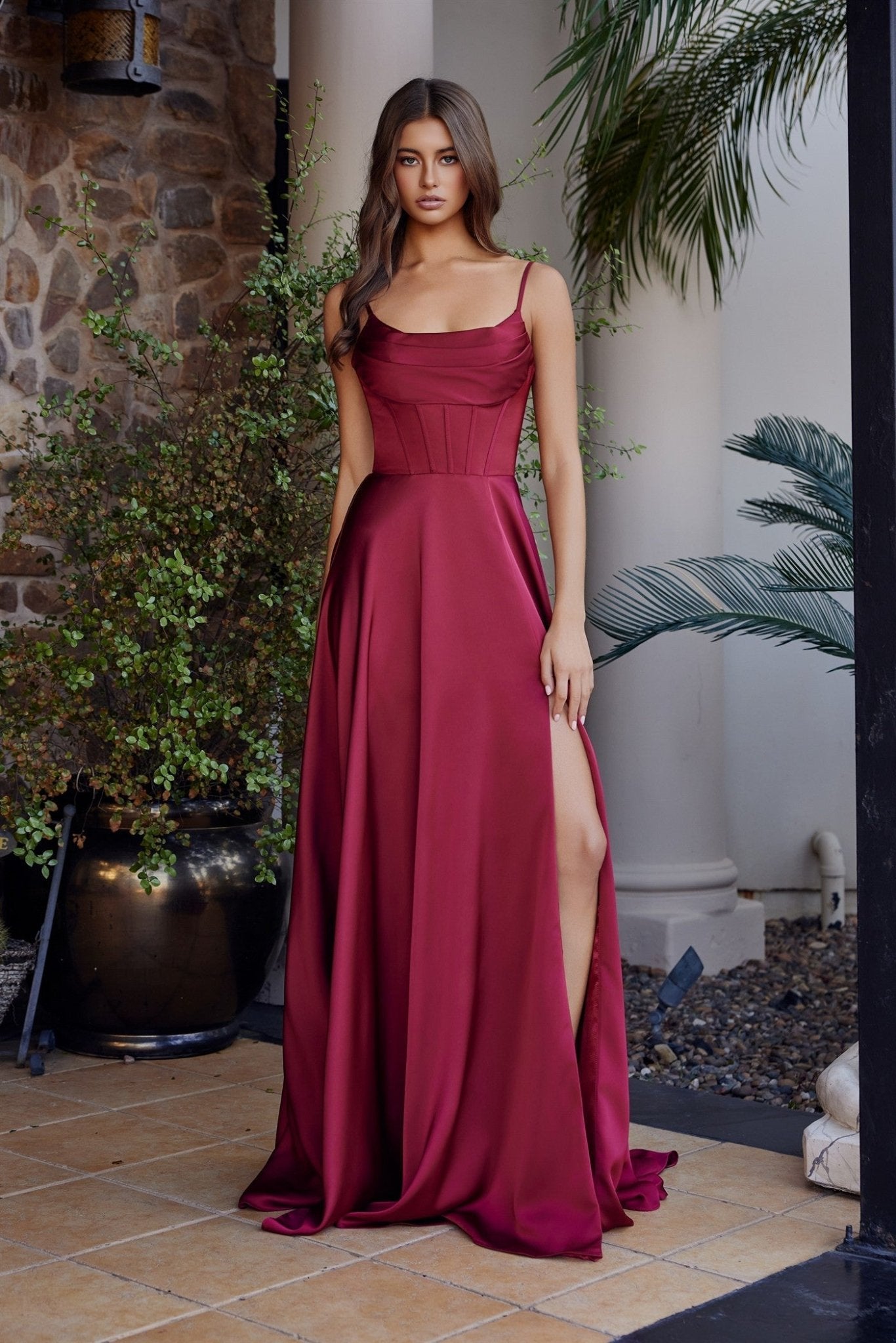 AOKI Satin Scoop Bodice A - Line Slit Gown Prom & School Formal Dress in Australia | One Honey Boutique