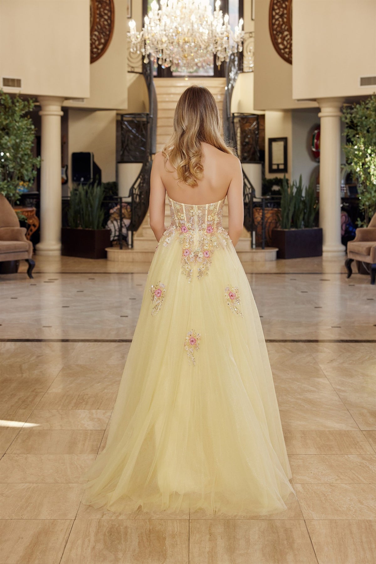 ENITAN Tulle Sequin Plunge Boned Corset Fit & Flare Prom & School Formal Dress