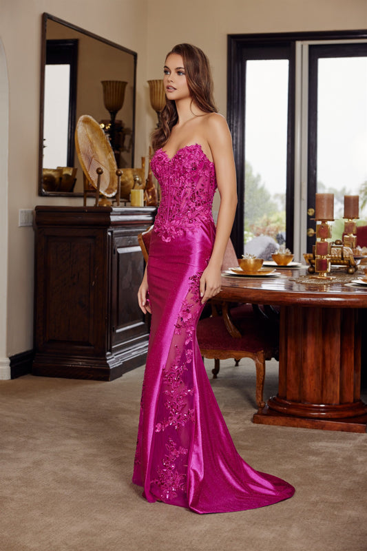 LACY Glitter Satin Illusion Applique Prom & Formal Dress