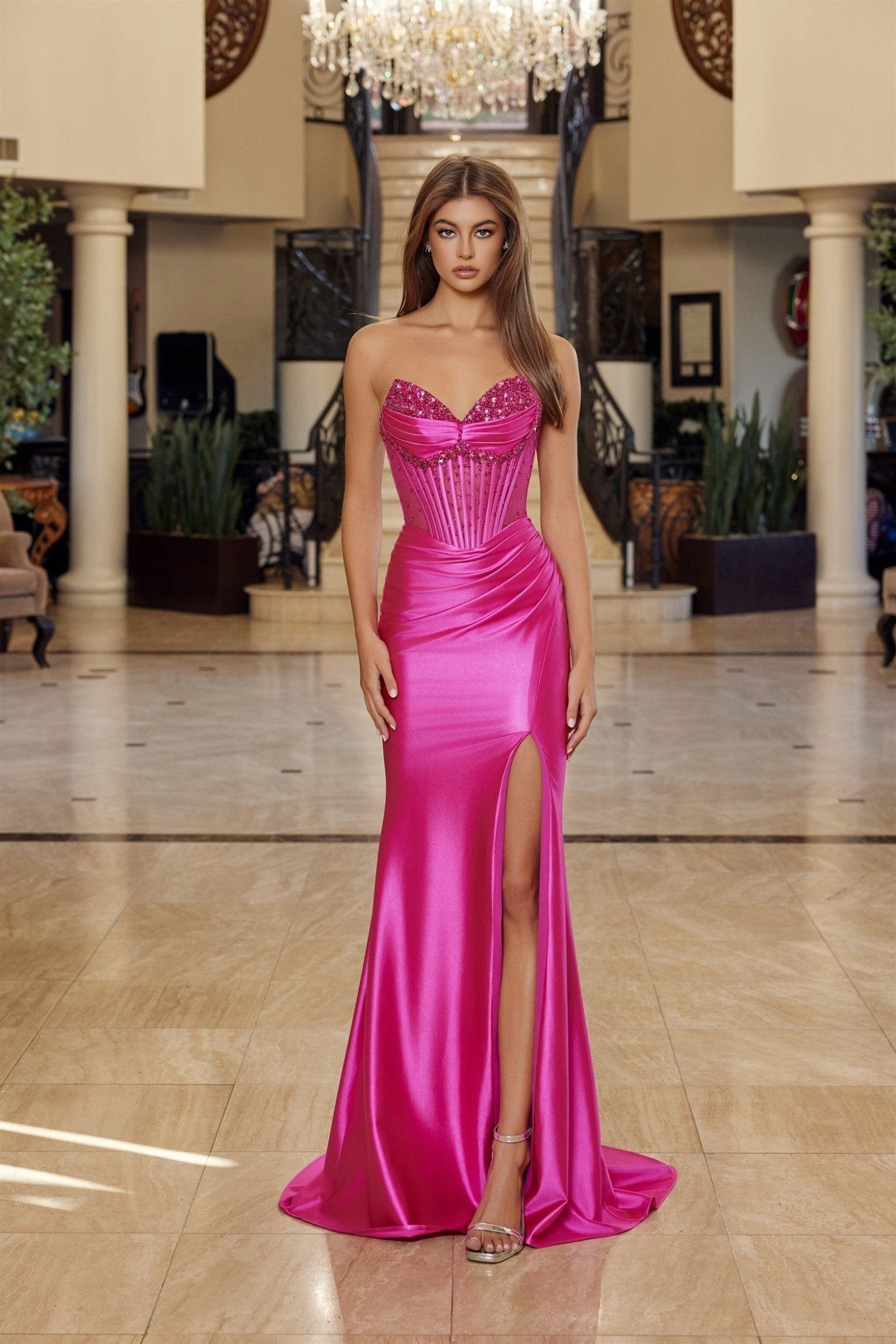 NEELY Beaded Satin Strapless V - Neck Corset Prom & School Formal Dress in Australia | One Honey Boutique