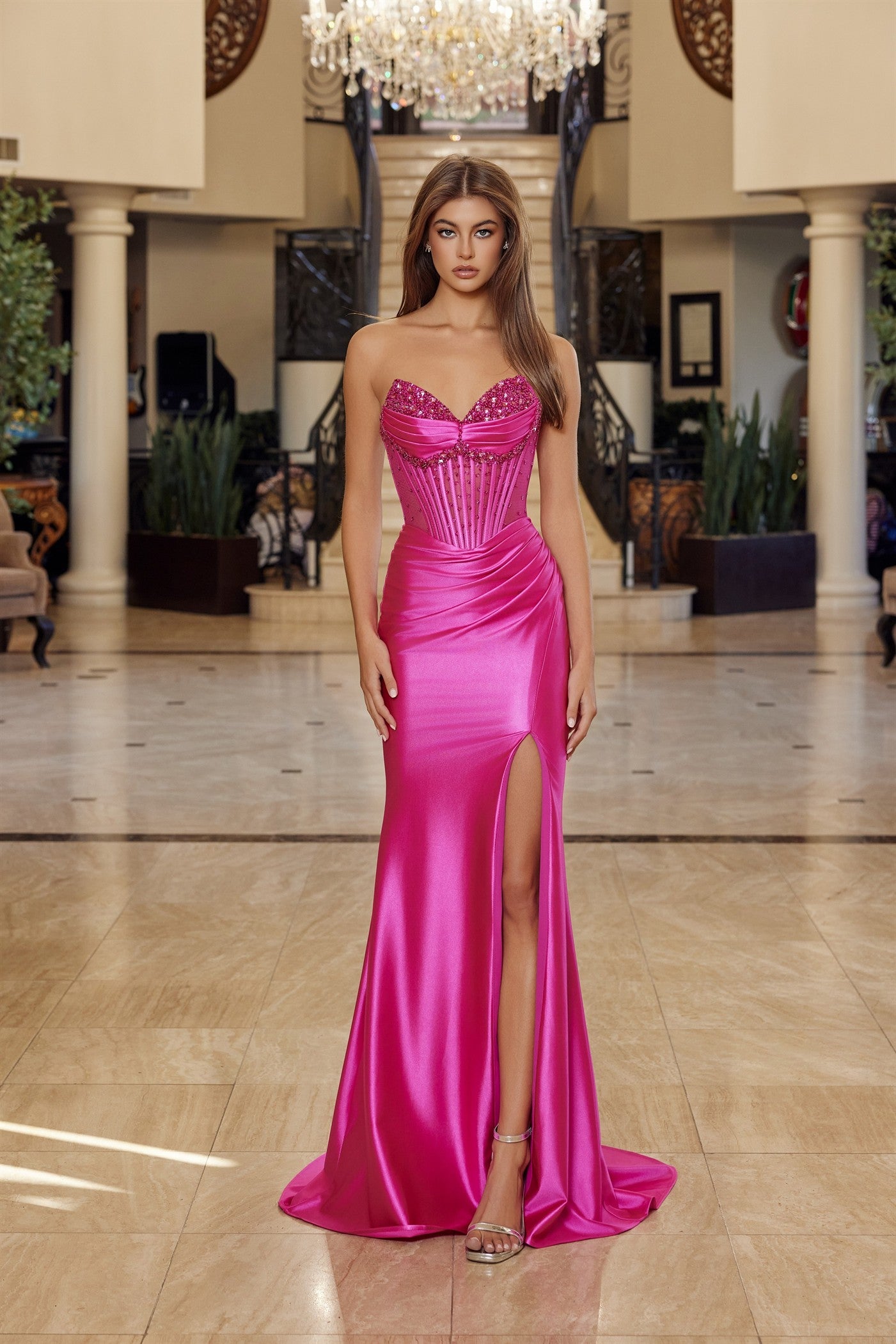NEELY Beaded Satin Strapless V-Neck Corset Prom & School Formal Dress
