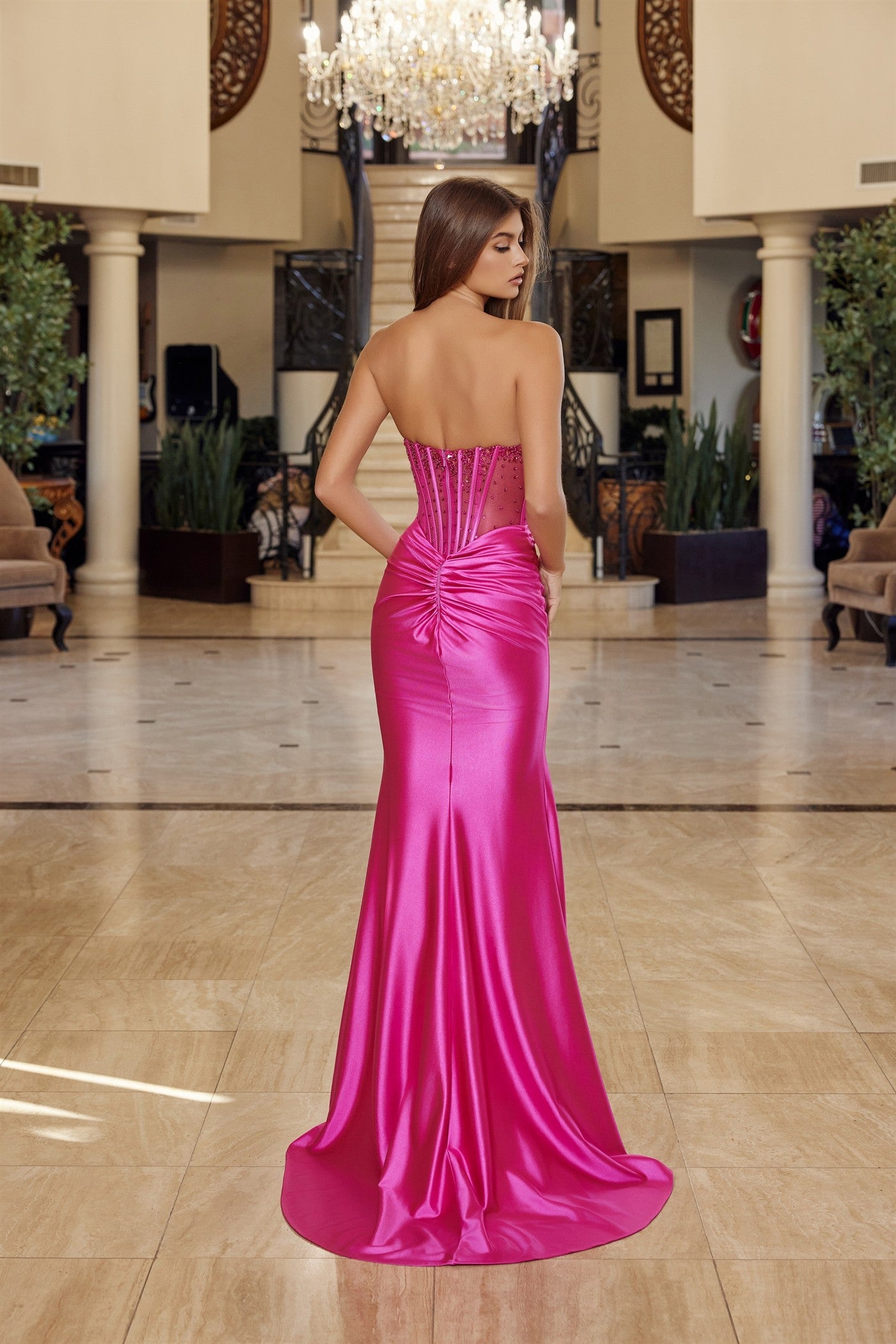 NEELY Beaded Satin Strapless V-Neck Corset Prom & School Formal Dress