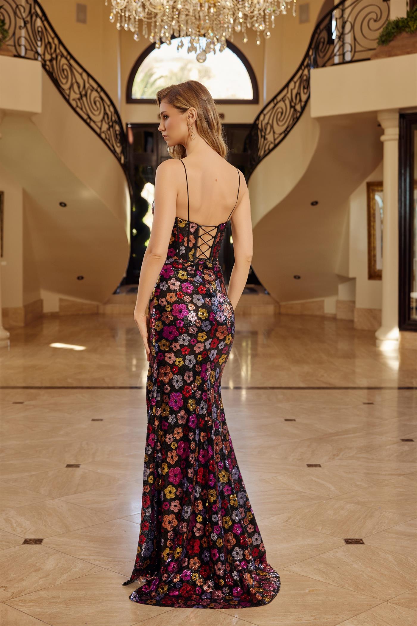 MAHLAH Floral Sequin Sweetheart Lace-Up Corset Prom & School Formal Dress