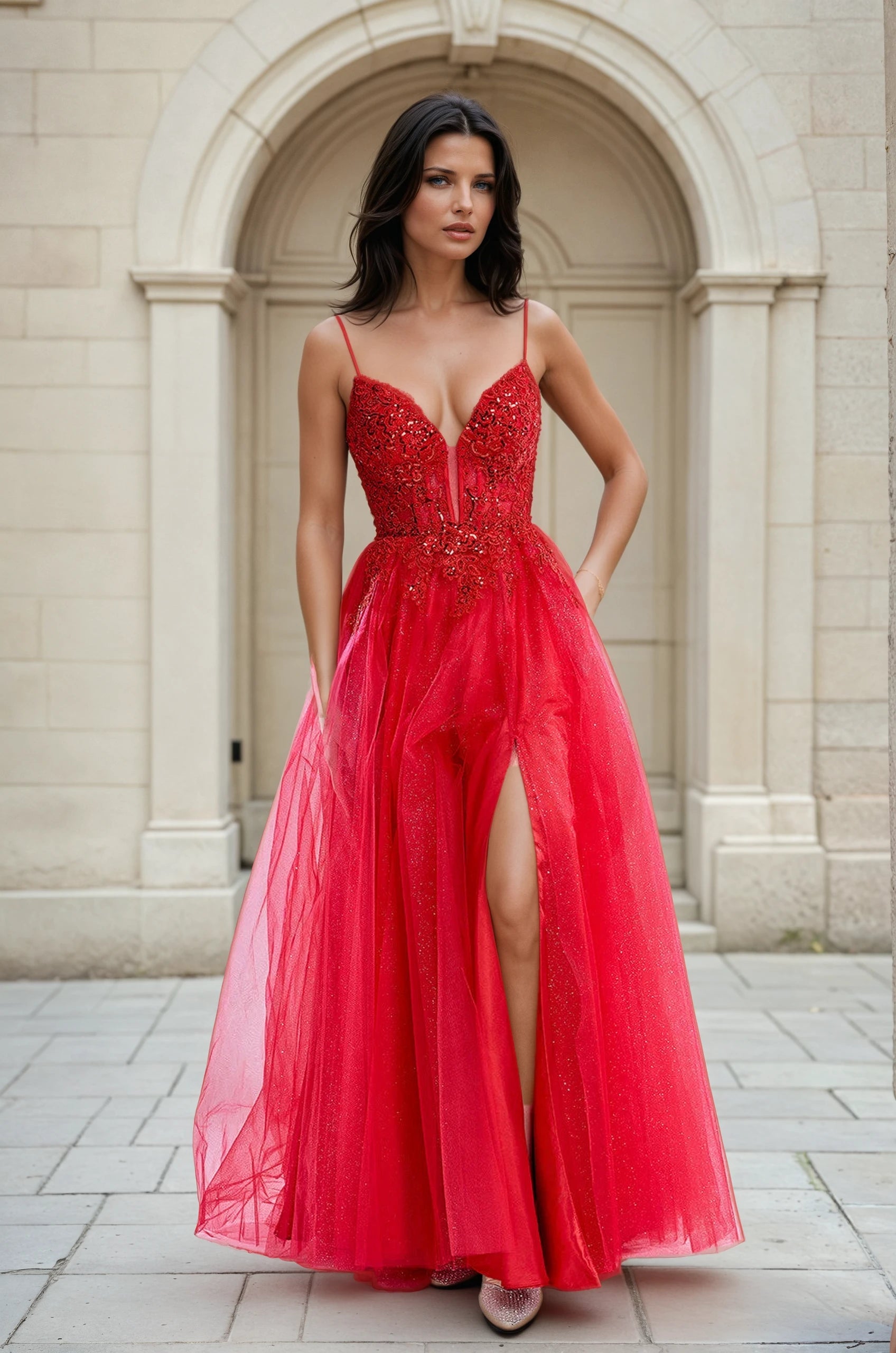 Honey Couture LYRA Corset Back Lace Bodice Tulle Formal Dress