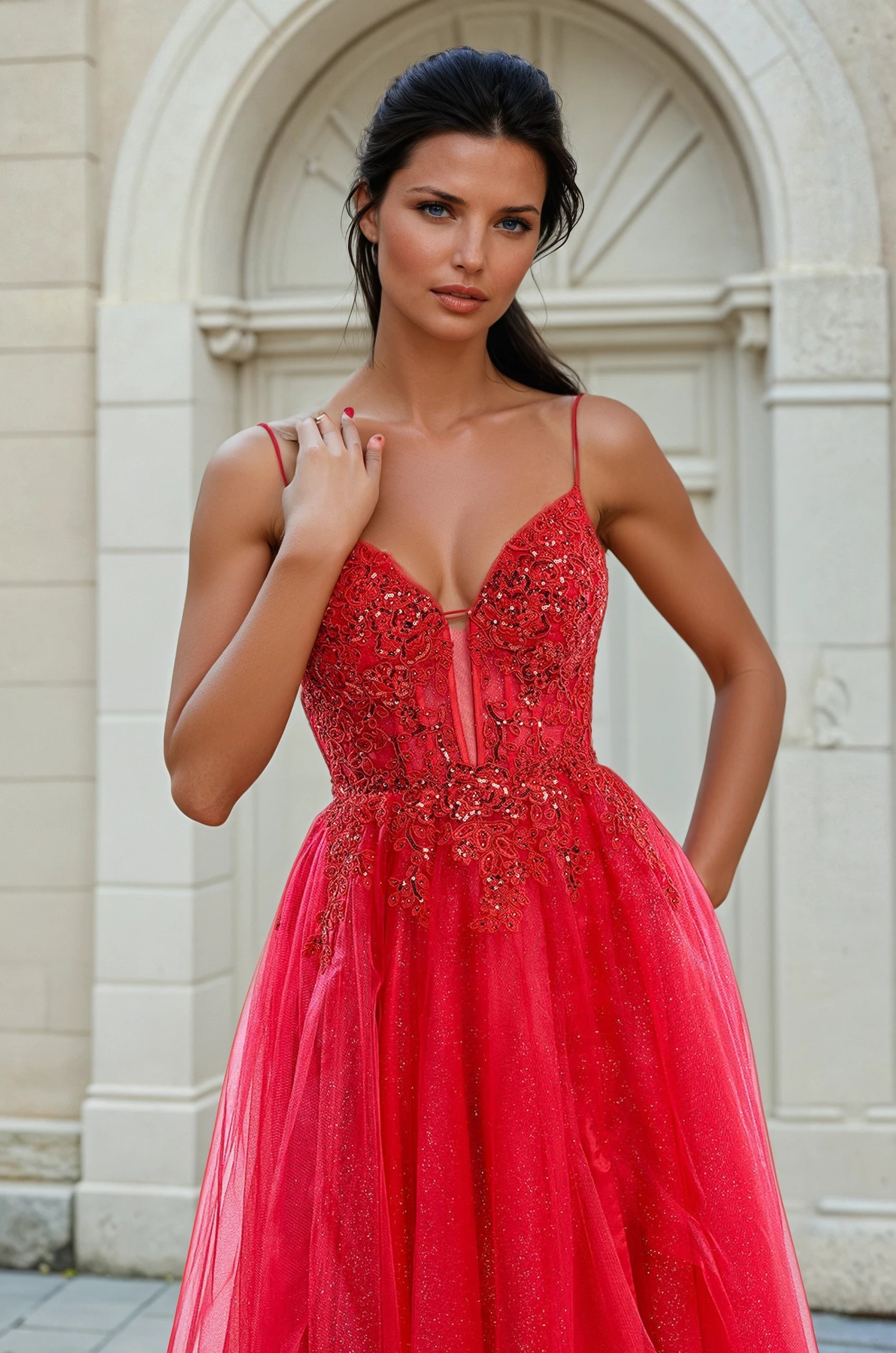Honey Couture LYRA Corset Back Lace Bodice Tulle Formal Dress