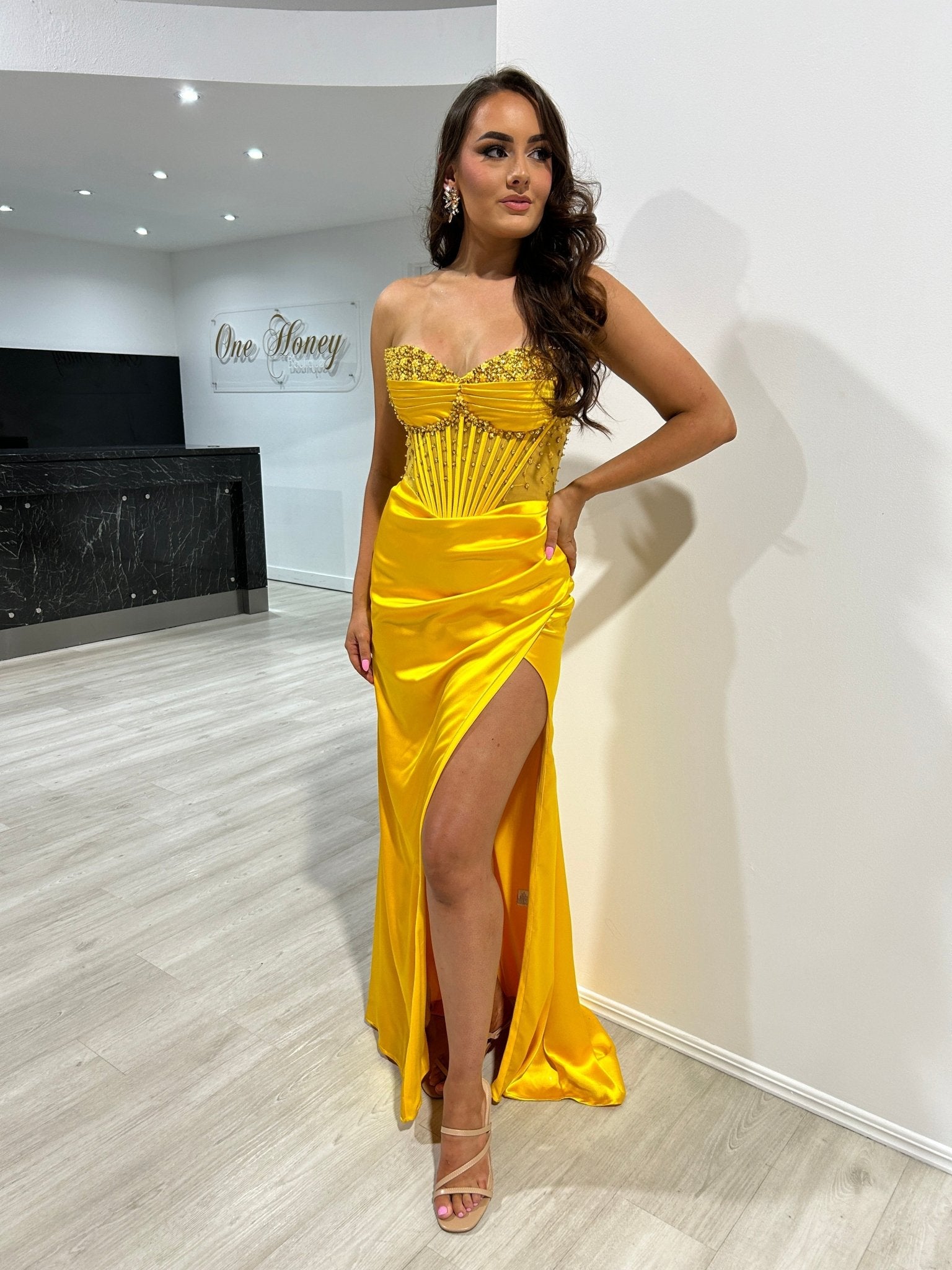 ALIX Strapless Satin Diamanté Detail Corset Bustier Formal Dress in Australia | One Honey Boutique