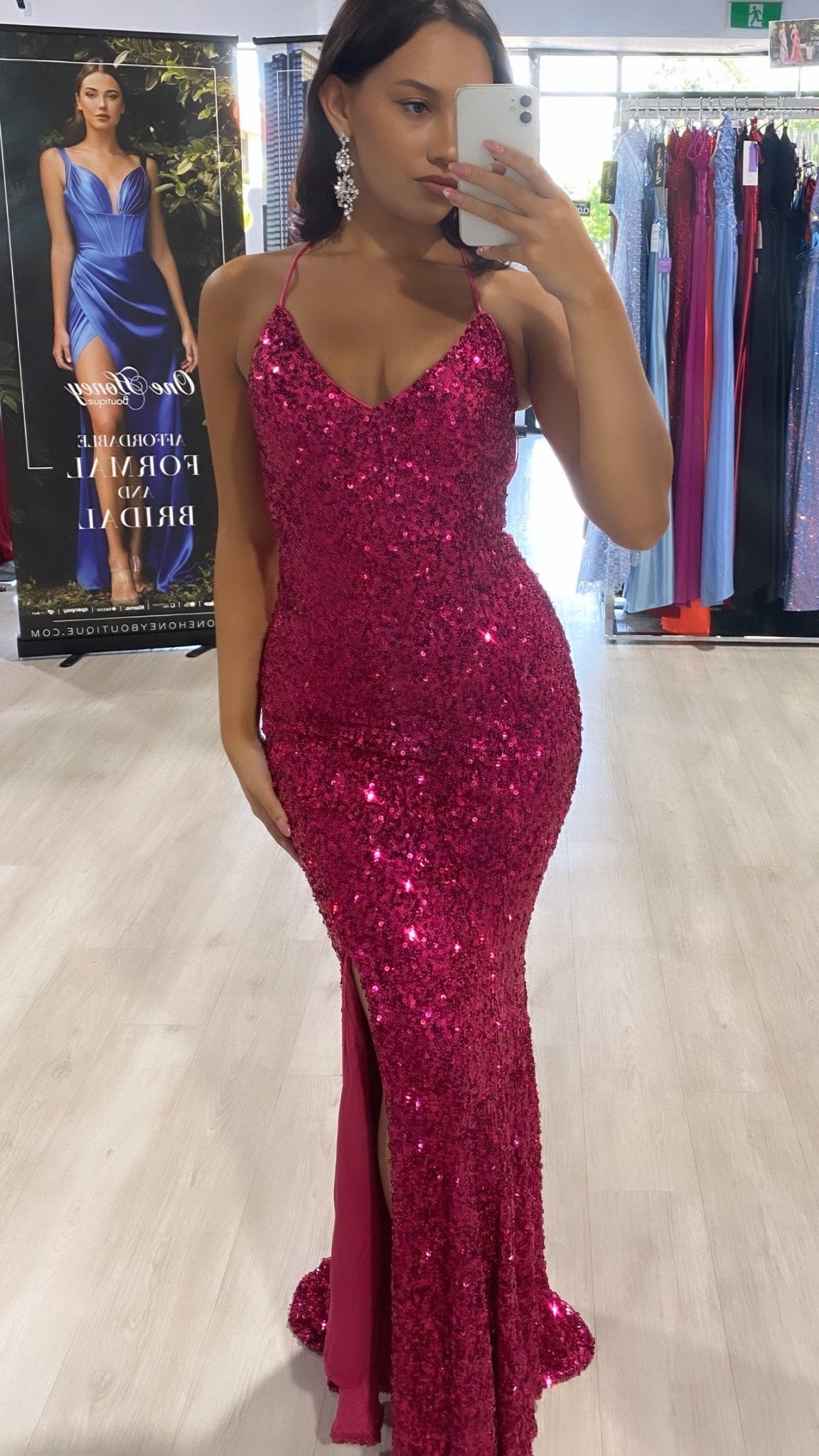 Honey Couture ZOEY Magenta Hot Pink Sequin Corset Lace Up Formal Dress in Australia | One Honey Boutique