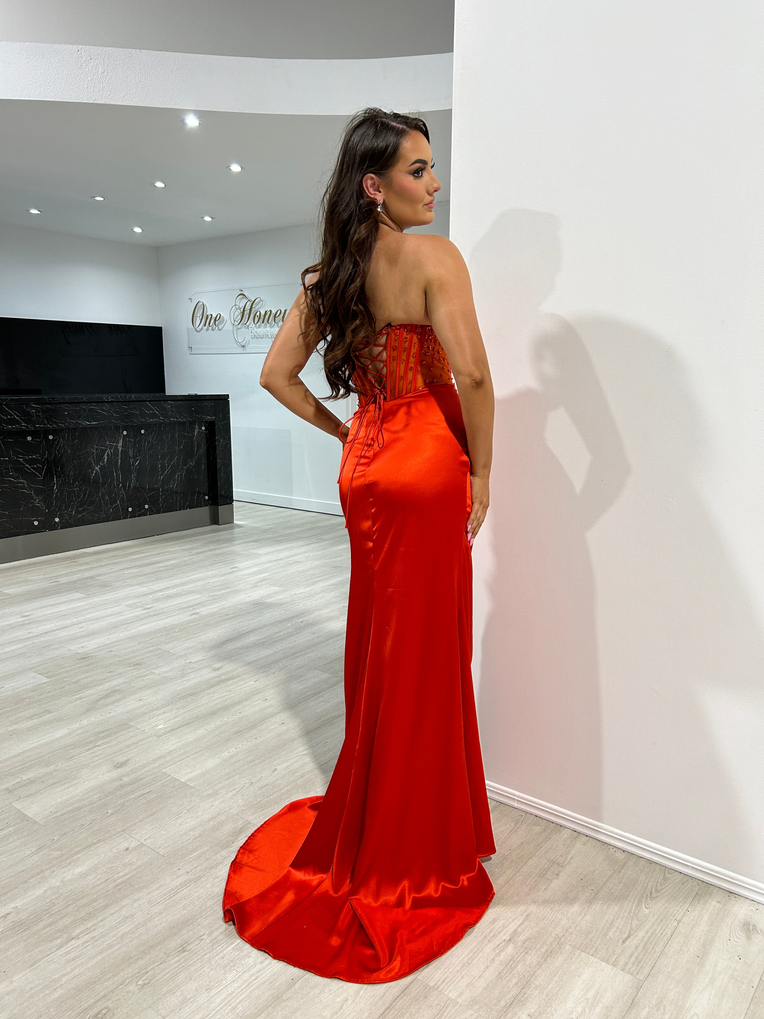 Honey Couture ALIX Sunkissed Orange Strapless Satin Diamanté Detail Corset Bustier Formal Dress