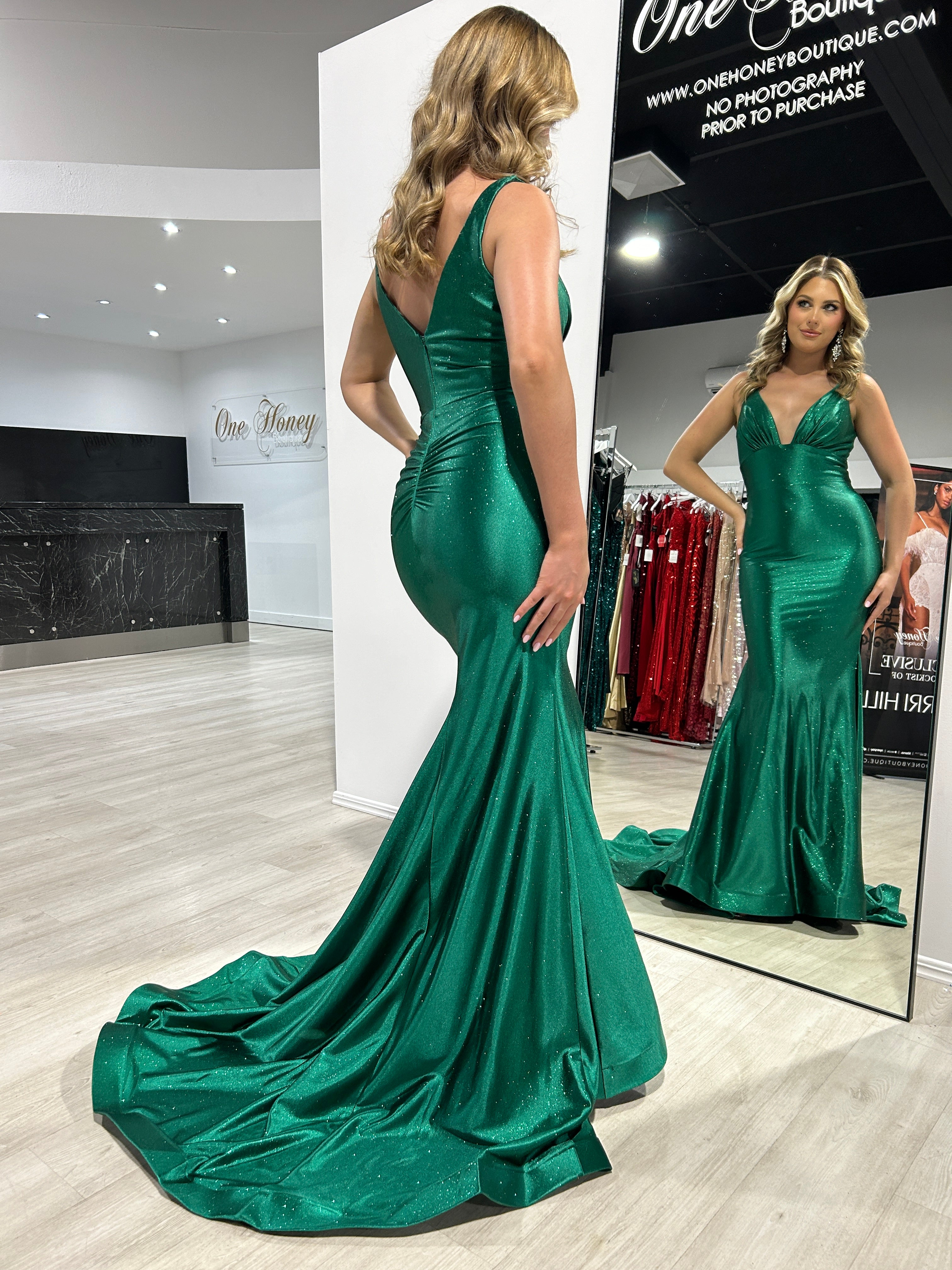 Honey Couture RISTA Emerald Stretch Glitter Satin Mermaid Formal Dress