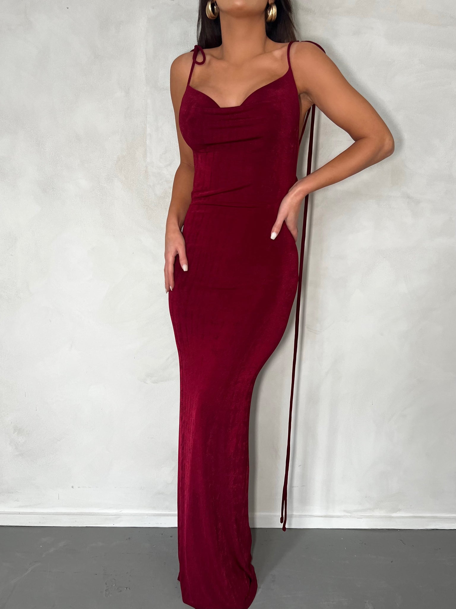 MÉLANI The Label CRISTINA Wine Drape Low Back Dress