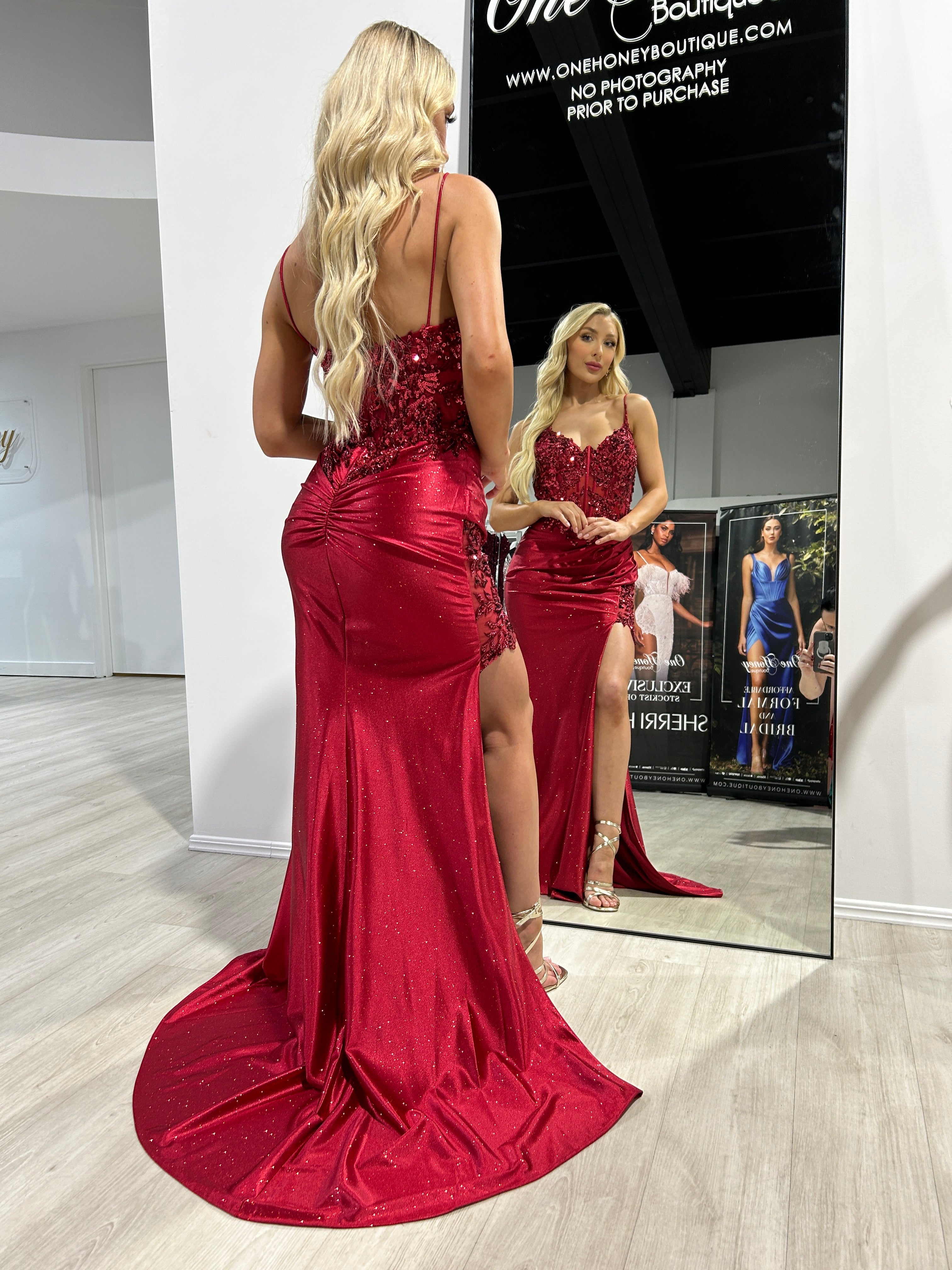 Honey Couture ODESSA Deep Red Embellished Glitter Satin Mermaid Formal Dress