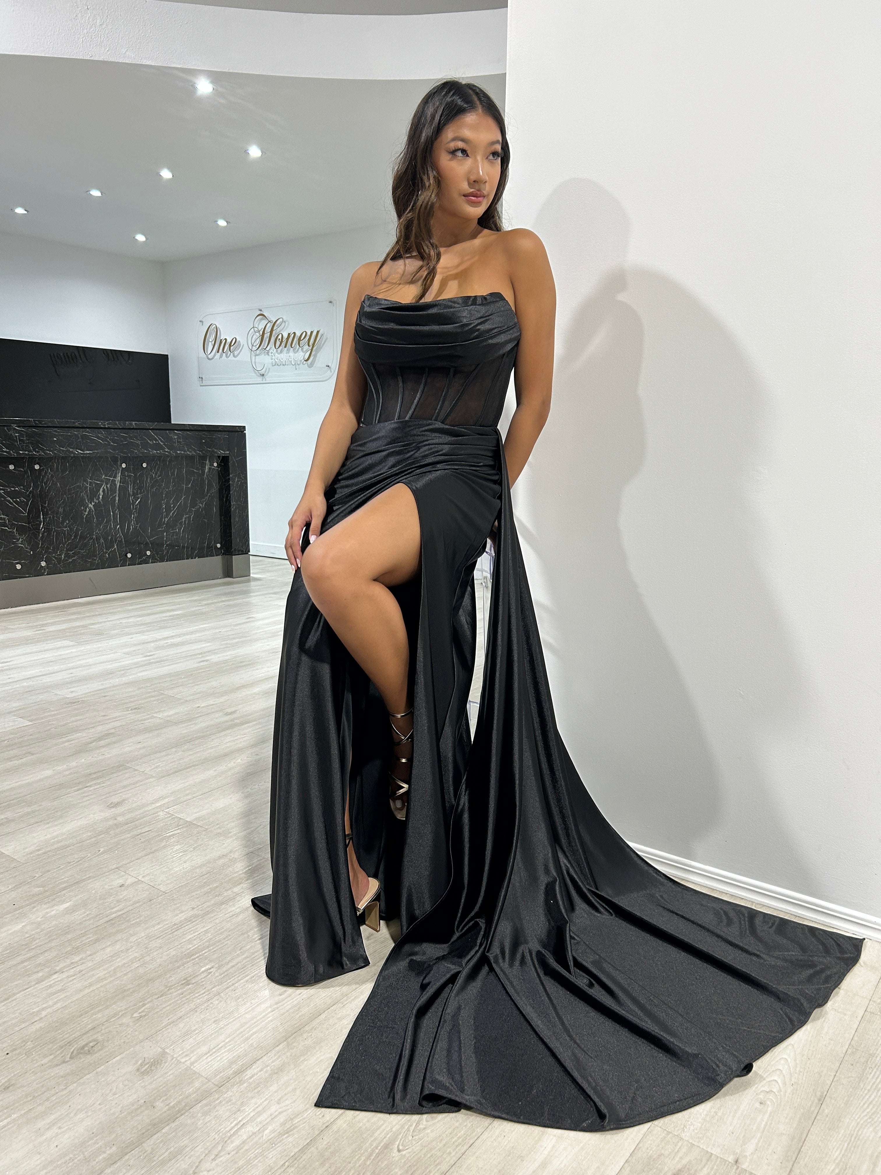 Honey Couture HAZEL Black Strapless Corset Bustier Silky Mermaid Formal Dress