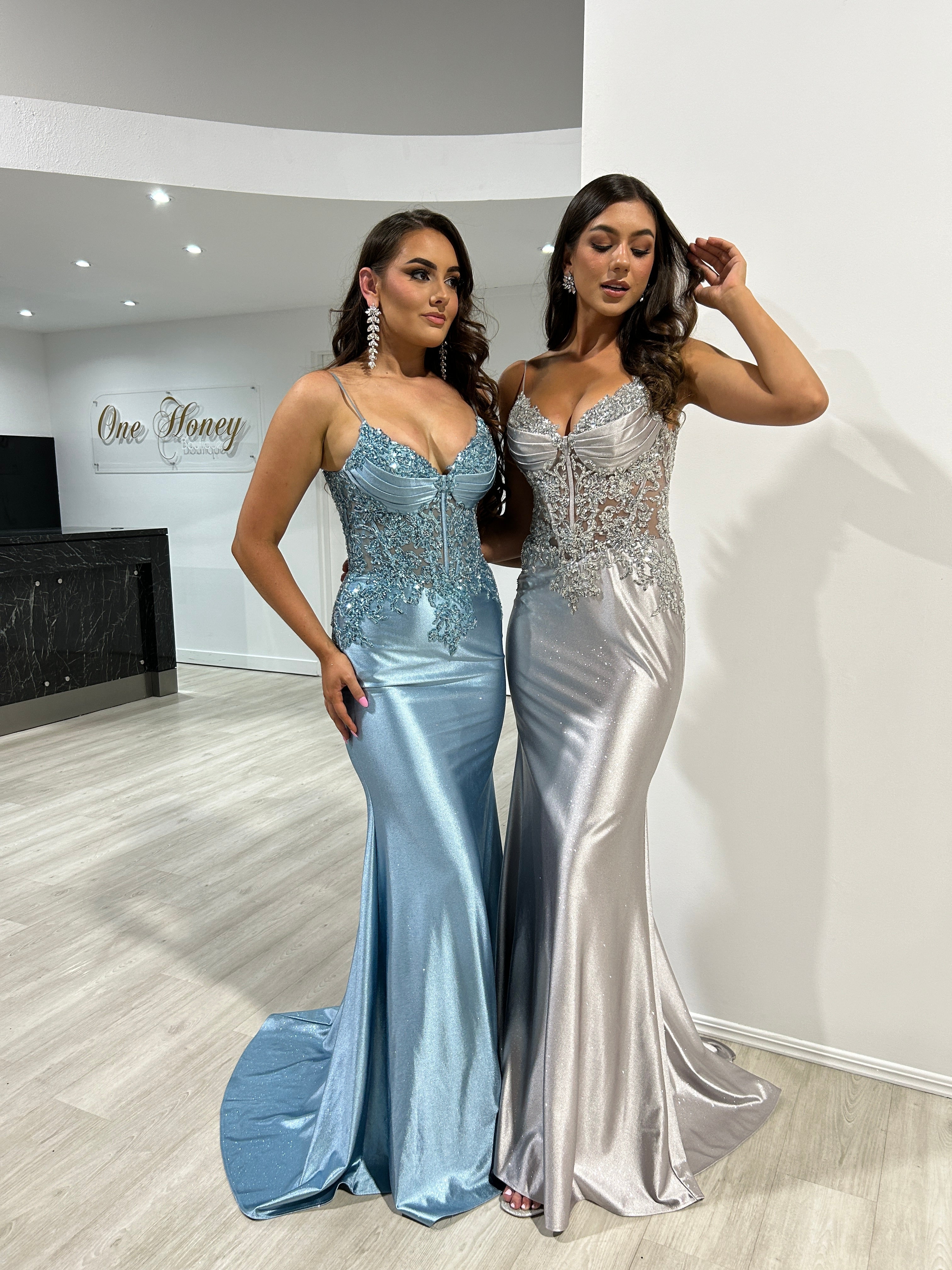 OLYMIA Embellished Bustier Stretch Glitter Satin Mermaid Formal Dress