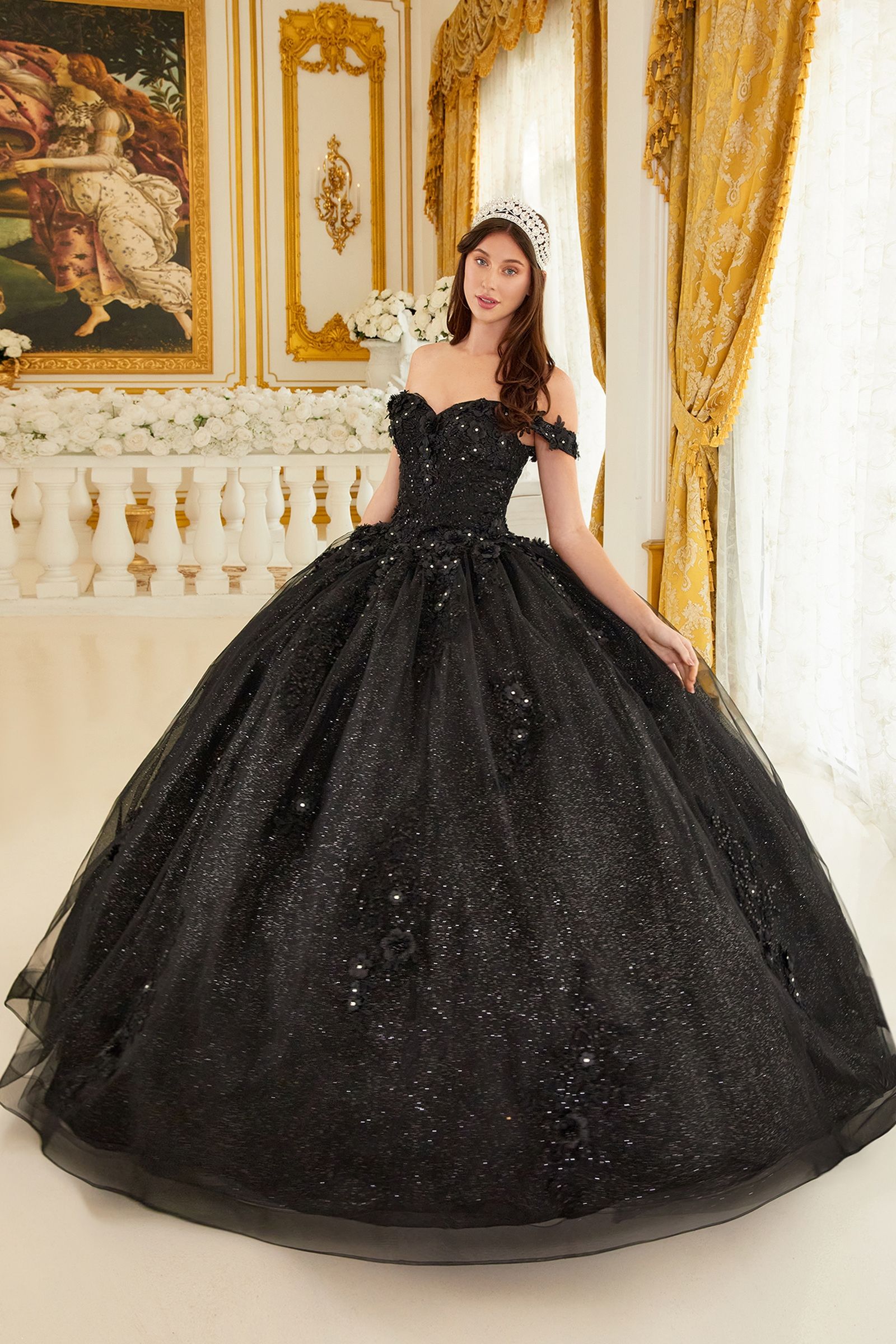 CATALISSE floral glitter quinceañera ball gown with lace bodice and sweetheart neckline, Brisbane to Gold Coast.