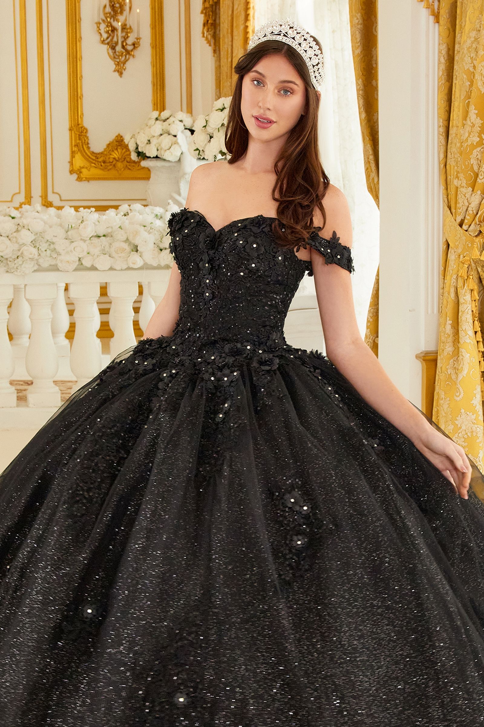 CATALISSE Floral Glitter Applique Quinceañera Dress, black lace bodice, voluminous tulle skirt. Perfect for gala events. Brisbane to Gold Coast