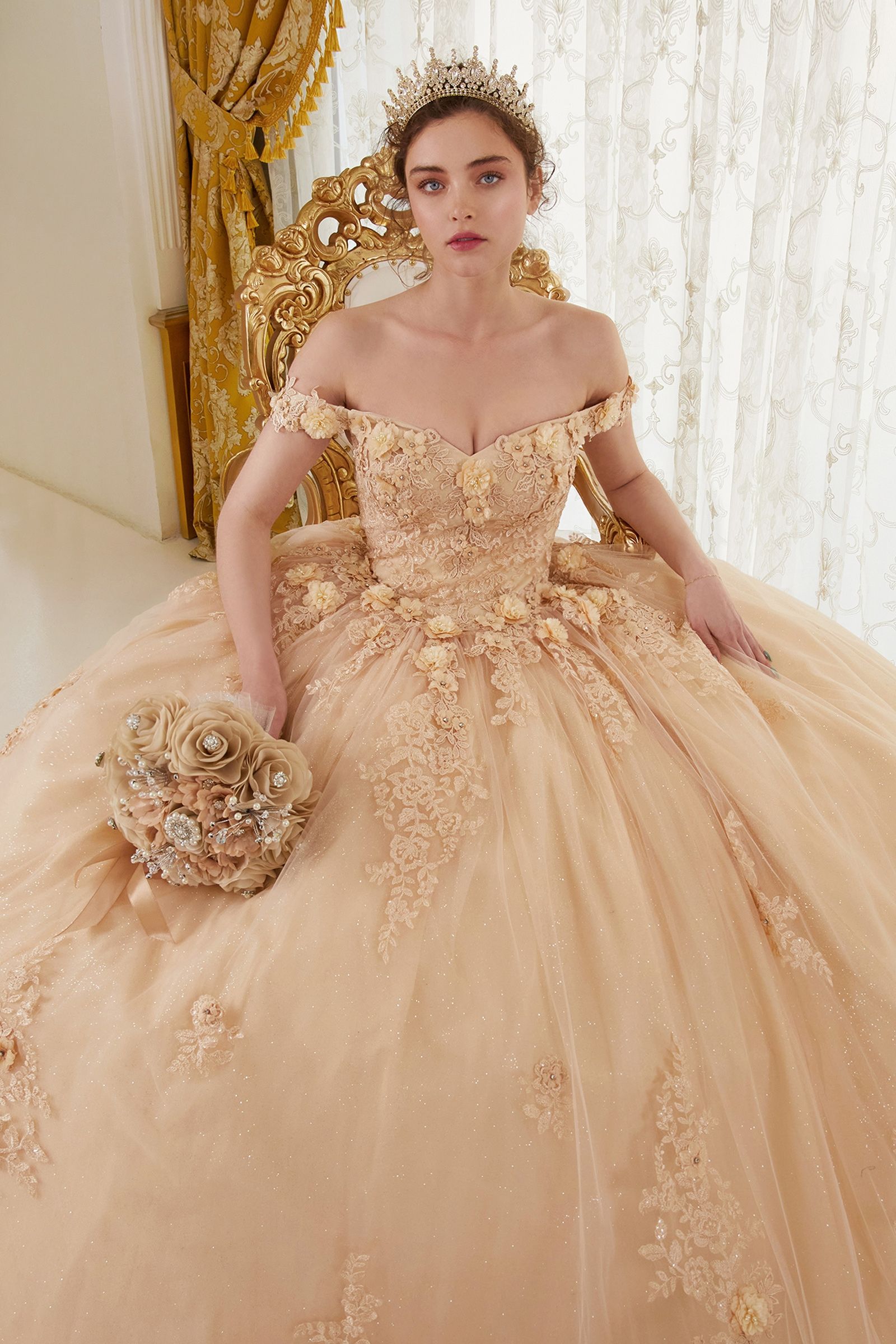 CATALISSE Floral Glitter Applique ball gown with lace bodice and tulle skirt, Quinceañera dress. Brisbane to Gold Coast.