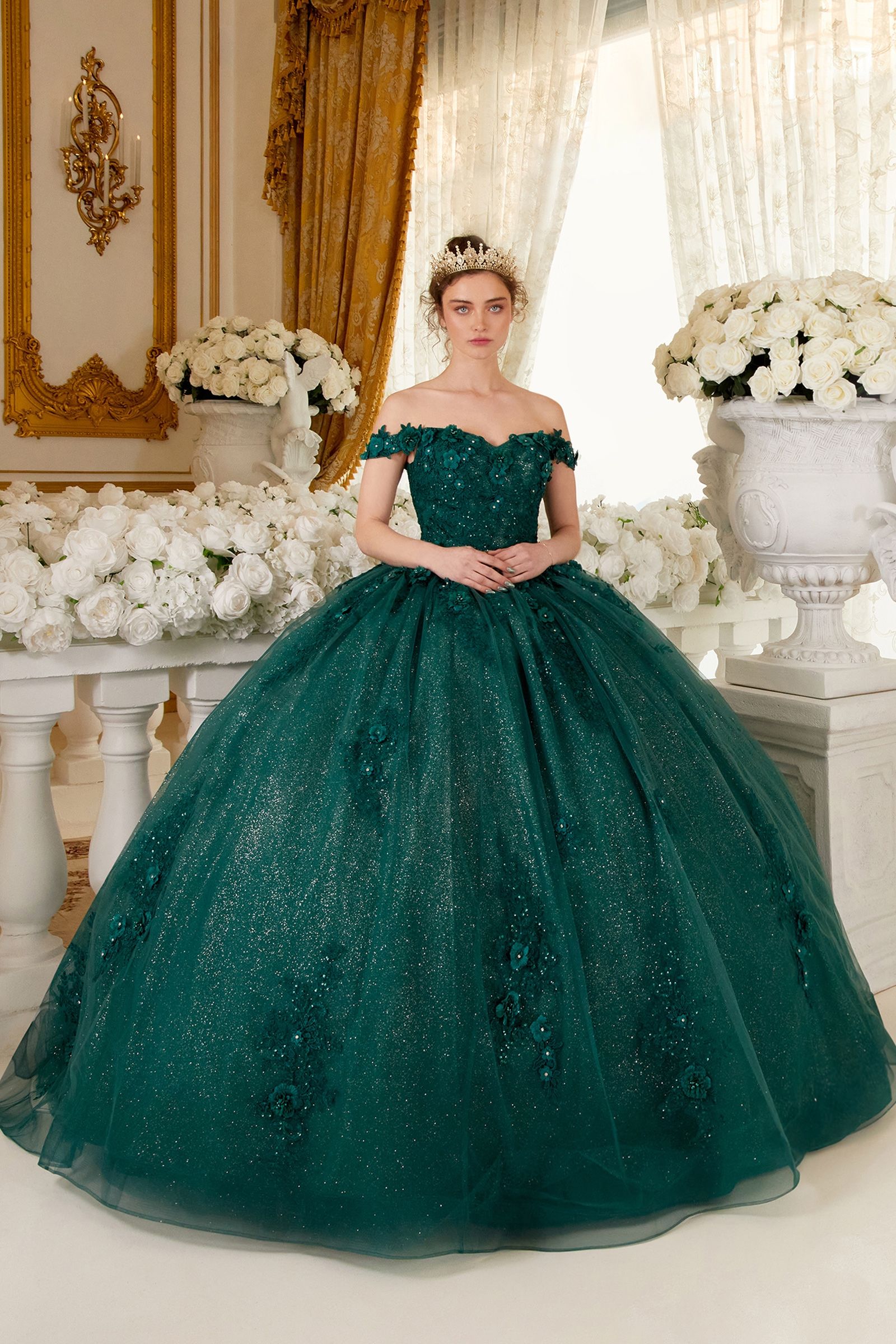 CATALISSE Floral Glitter Applique Quinceañera Gown with off-the-shoulder neckline, voluminous tulle skirt. Brisbane to Gold Coast.
