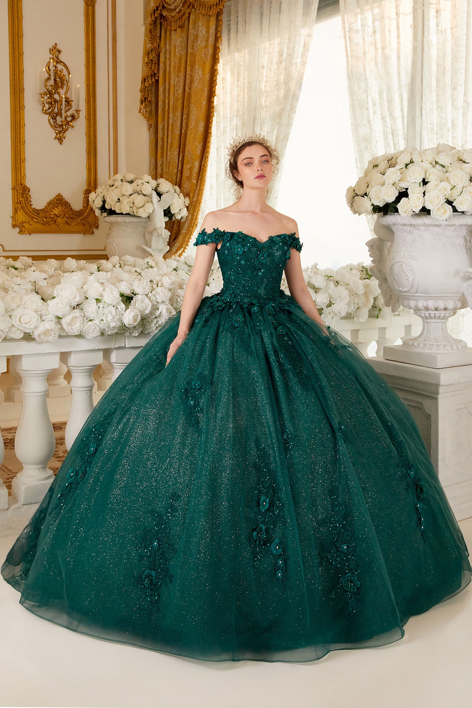 CATALISSE Floral Glitter Applique Quinceañera Ball Gown with sweetheart neckline, Brisbane to Gold Coast.