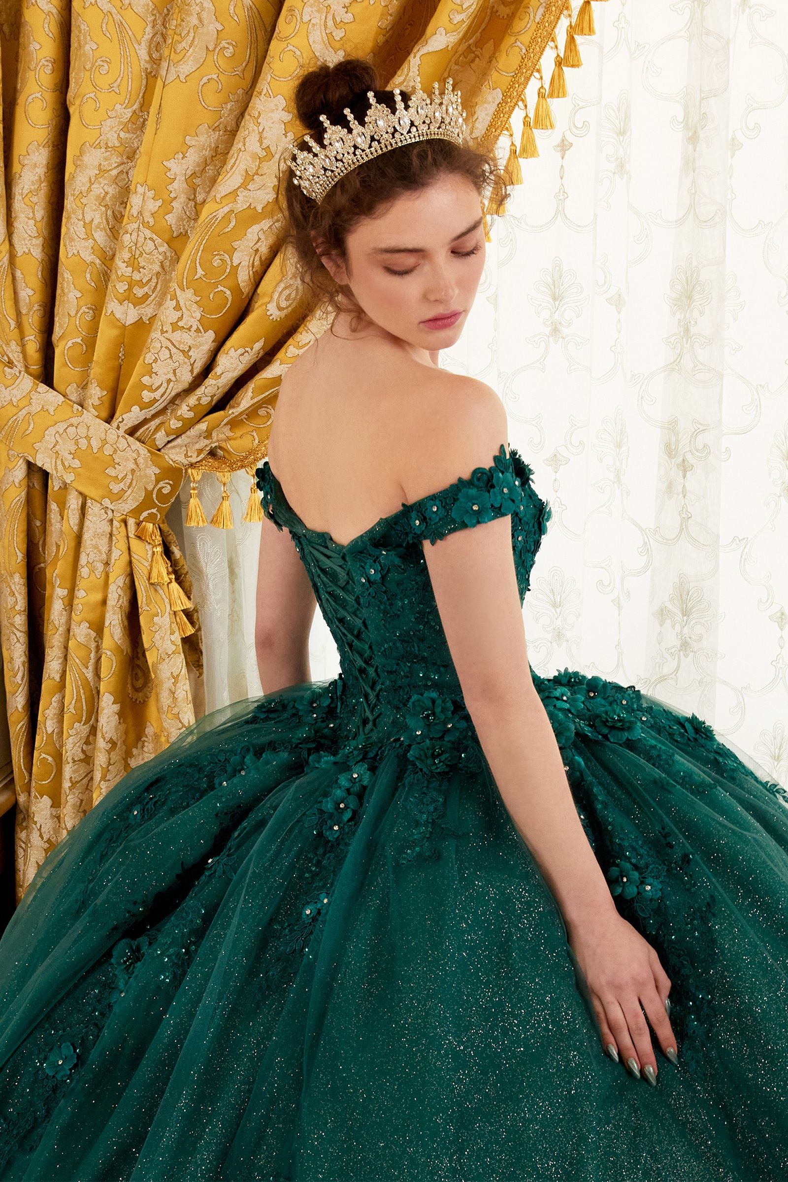 CATALISSE Floral Glitter Applique Quinceañera Ball Gown with lace bodice, off-shoulder design. Brisbane to Gold Coast Australia