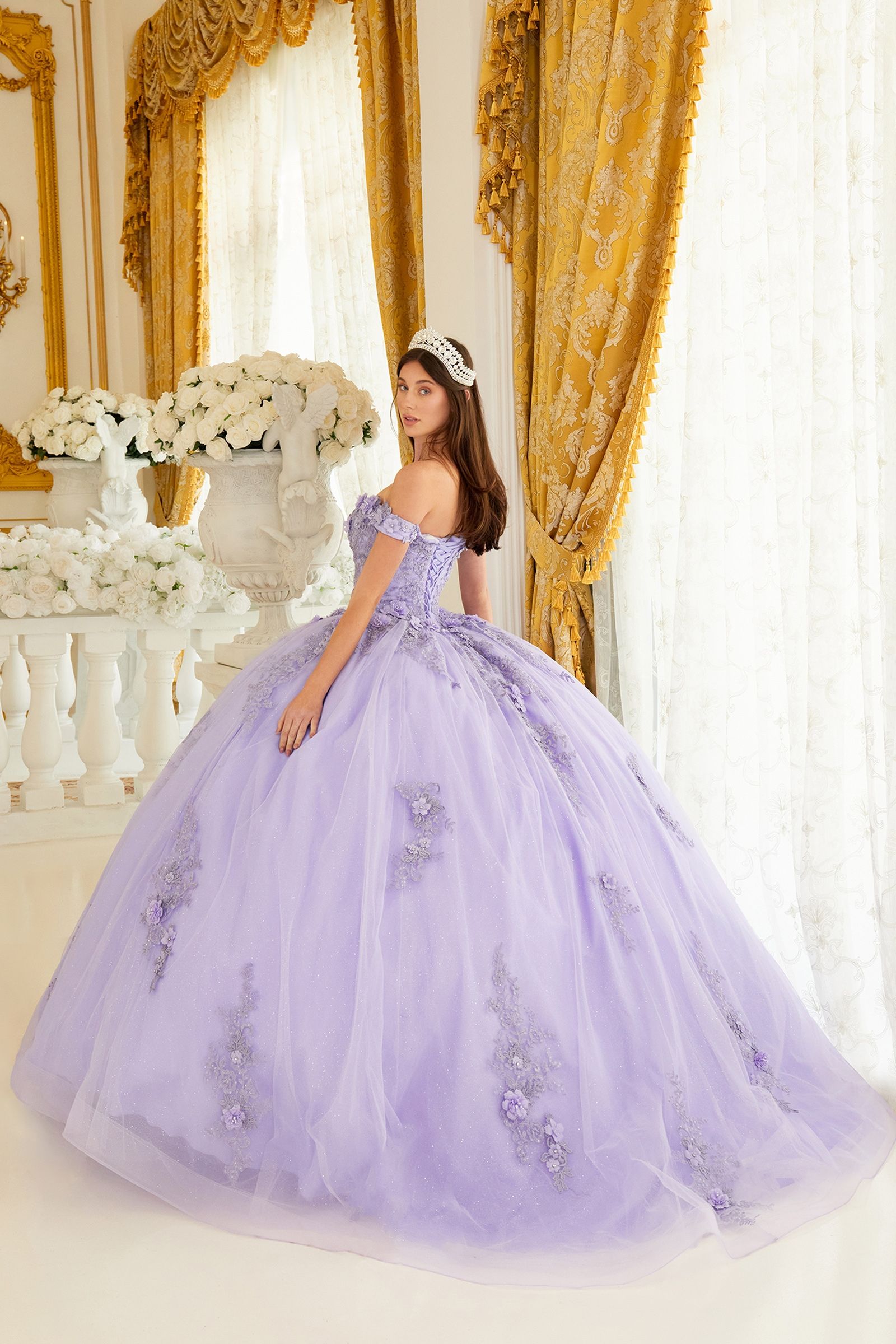 CATALISSE Floral Glitter Applique Quinceañera Ball Gown with lace bodice, off-shoulder design. Perfect for Brisbane to Gold Coast.