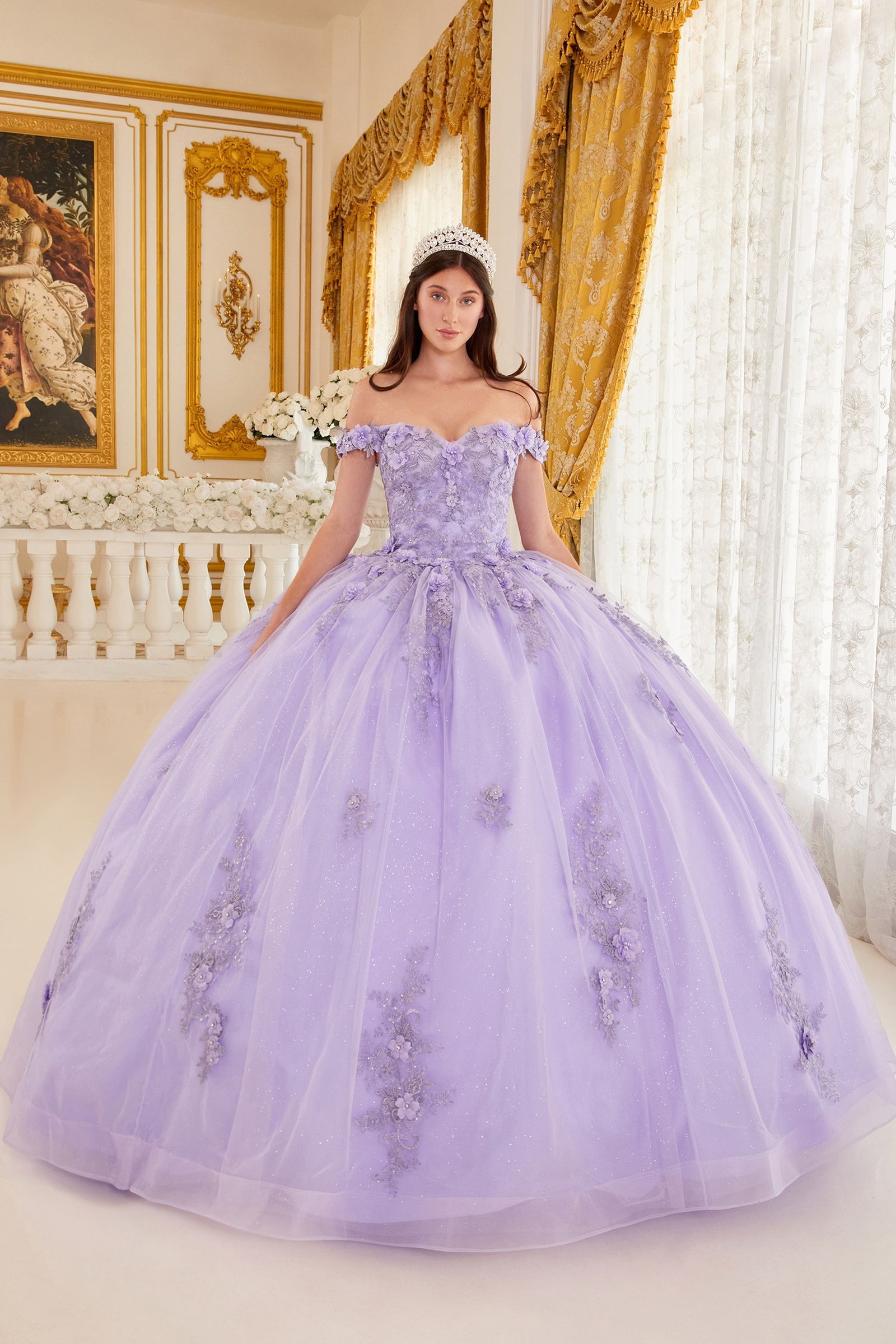 Alt Tag: CATALISSE off-the-shoulder floral applique quinceañera ball gown with layered glitter tulle skirt. Brisbane to Gold Coast, Australia.
